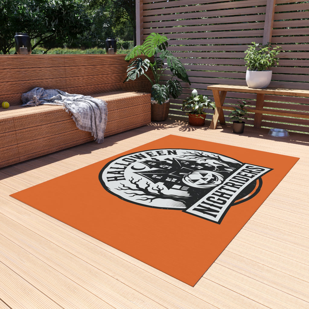 Outdoor Rug — Halloween Nightriders Porch Mat with Haunted House Pumpkin Design