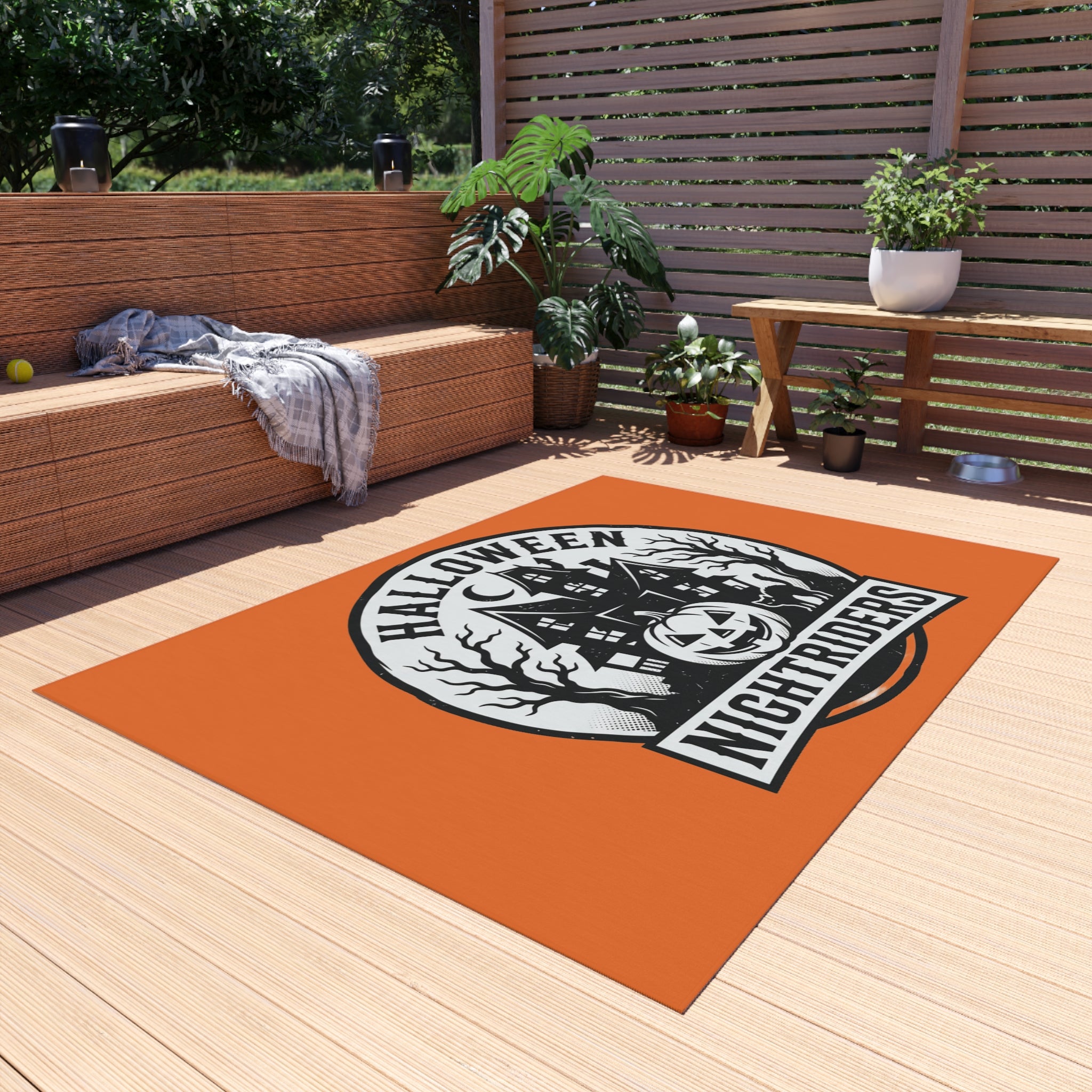 Outdoor Rug — Halloween Nightriders Porch Mat with Haunted House Pumpkin Design