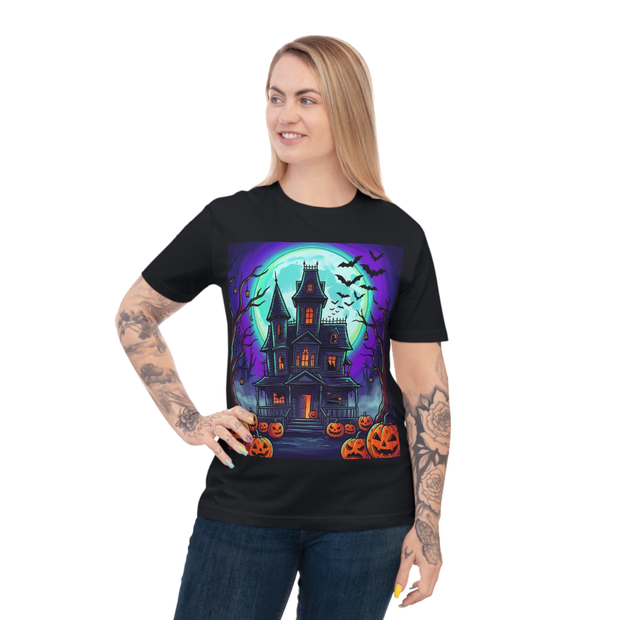 Haunted House Halloween T-Shirt — Spooky Pumpkin & Bats Tee