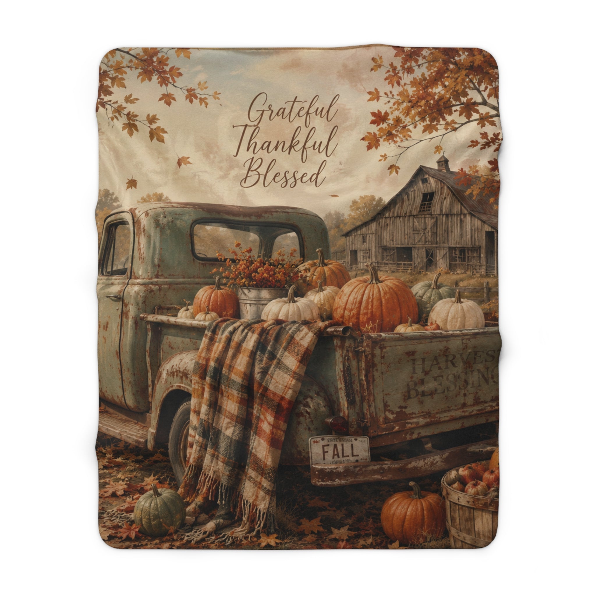 Grateful Thankful Blessed Fall Sherpa Blanket — Rustic Pumpkin Farm Truck Throw
