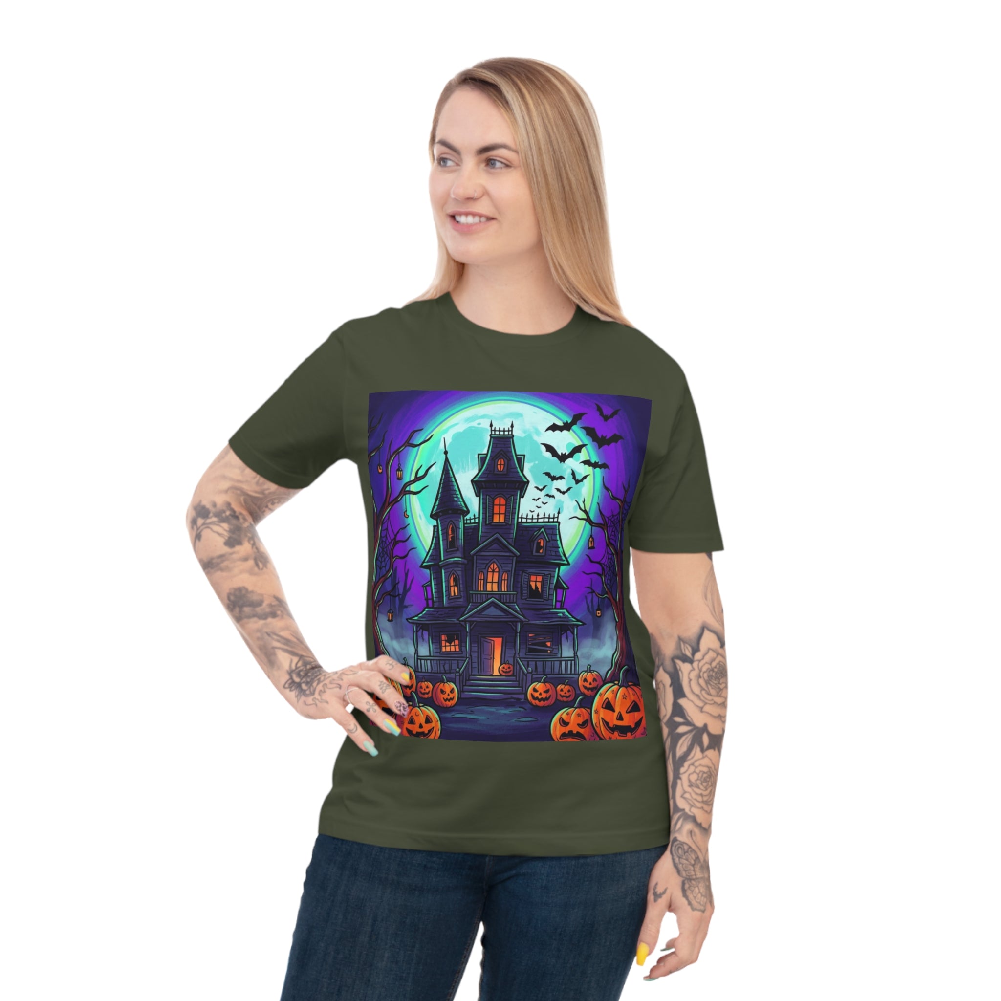 Haunted House Halloween T-Shirt — Spooky Pumpkin & Bats Tee