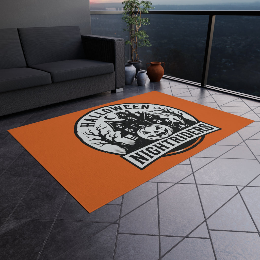 Outdoor Rug — Halloween Nightriders Porch Mat with Haunted House Pumpkin Design