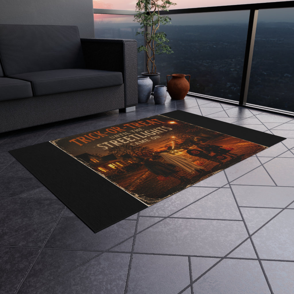Outdoor Rug — "Trick-or-Treat Until the Streetlights Came On" Halloween Welcome Mat