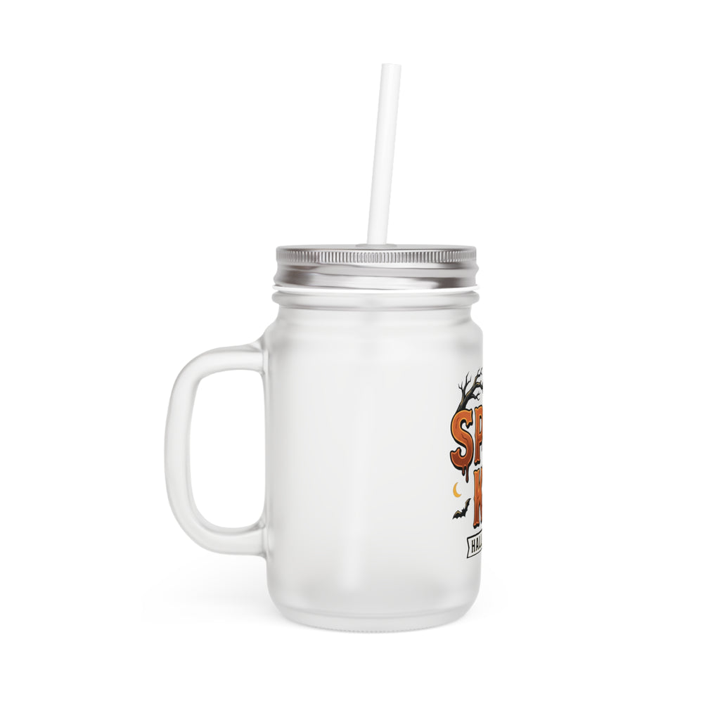 Halloween Mason Jar Tumbler - 'Spooky' Crow & Bats Drink Jar with Handle and Straw