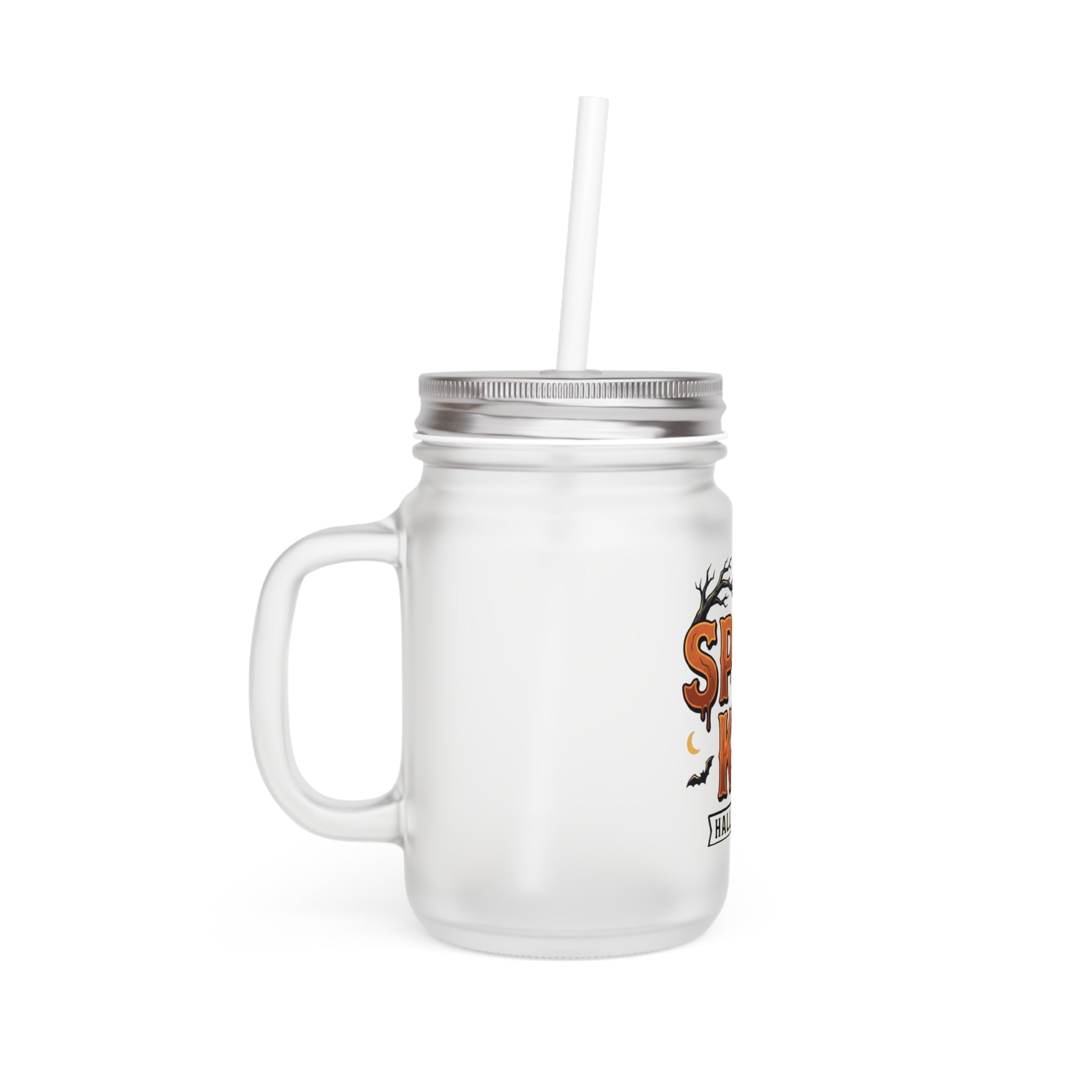 Halloween Mason Jar Tumbler - 'Spooky' Crow & Bats Drink Jar with Handle and Straw