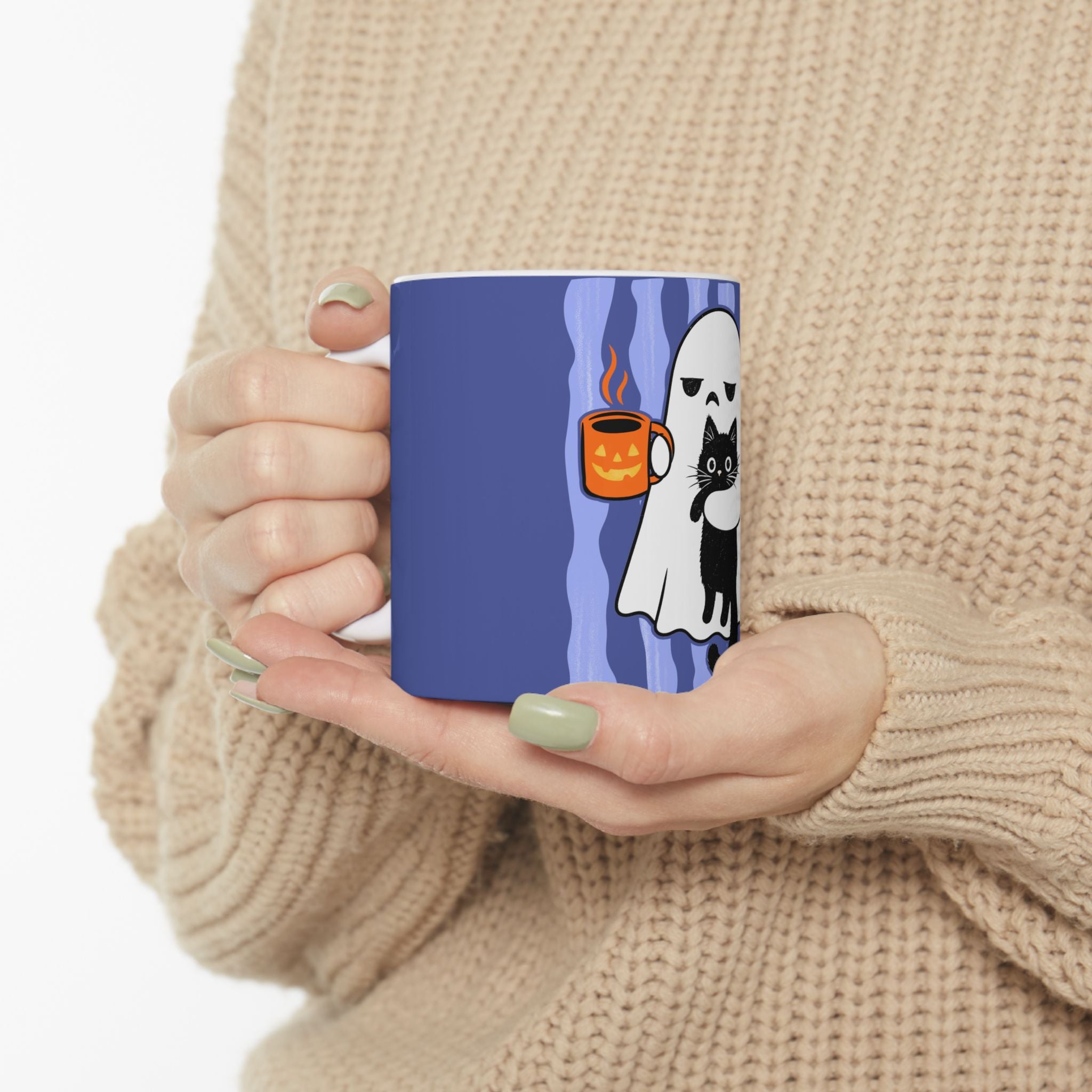 Ghost Hug Ceramic Mug — Cute Ghost Holding Black Cat & Coffee (11oz, 15oz)