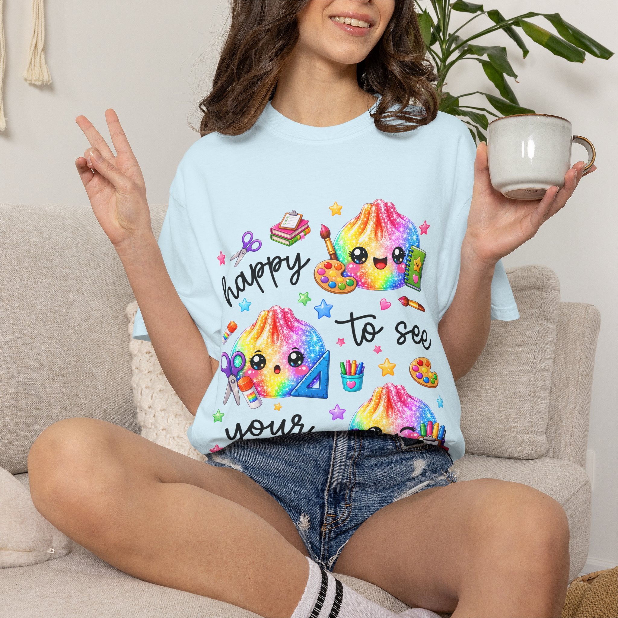Happy To See Your Face Rainbow Kawaii T-Shirt — Cute School Supplies Graphic Tee