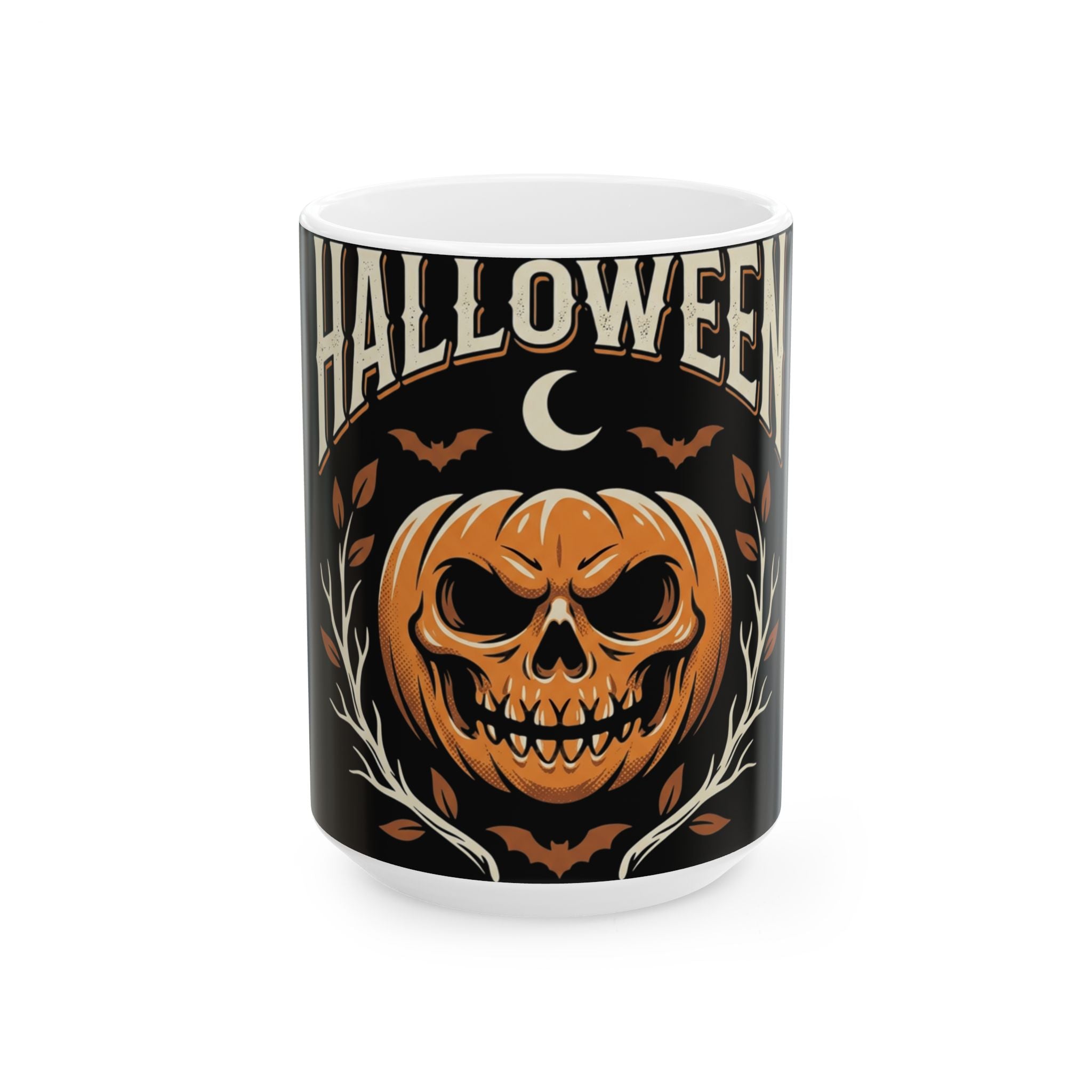 Halloween Pumpkin Skull Ceramic Mug – Spooky Bat & Moon Coffee Cup (11oz/15oz)