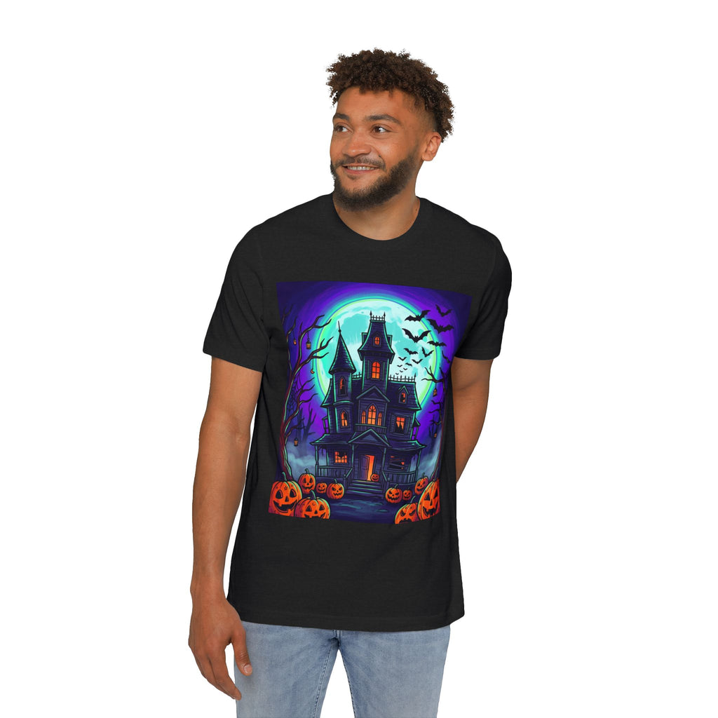 Haunted House Halloween T-Shirt — Spooky Pumpkins & Bats Graphic
