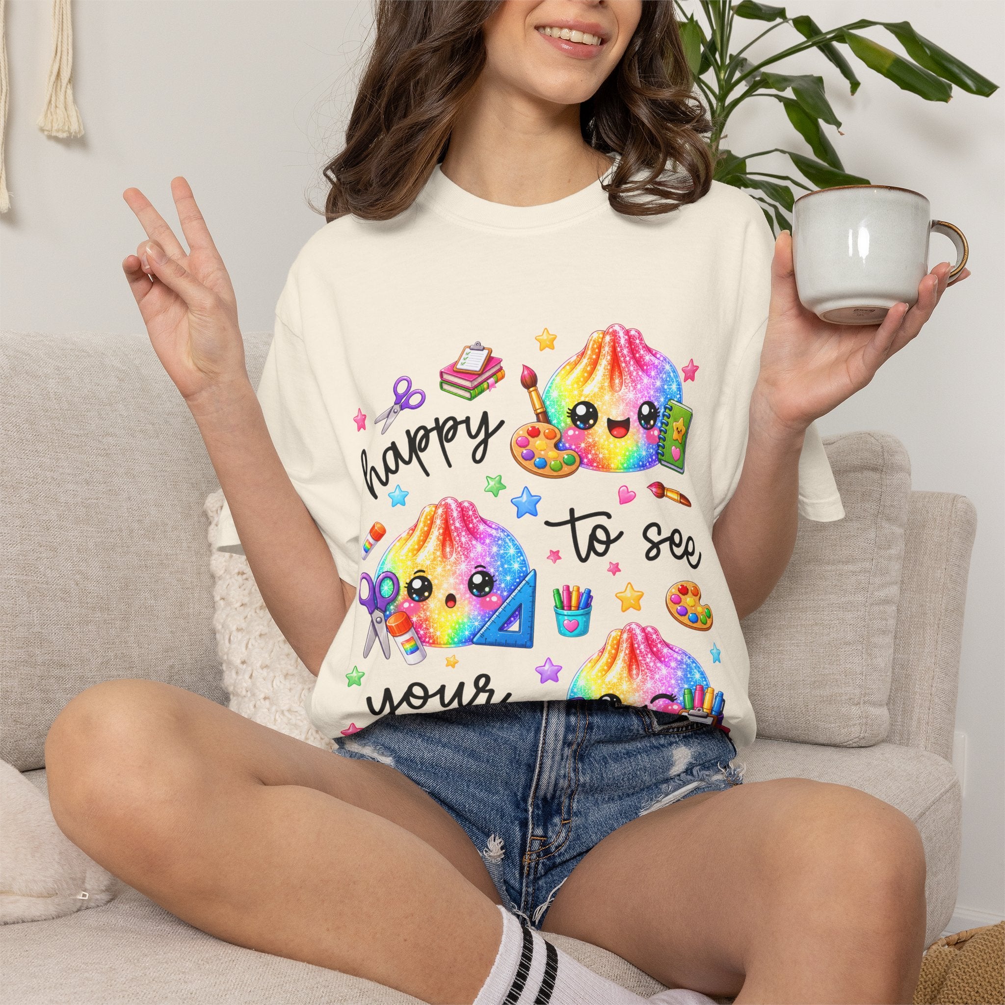 Happy To See Your Face Rainbow Kawaii T-Shirt — Cute School Supplies Graphic Tee