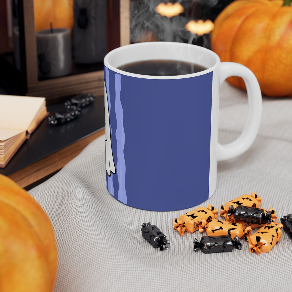Ghost Hug Ceramic Mug — Cute Ghost Holding Black Cat & Coffee (11oz, 15oz)