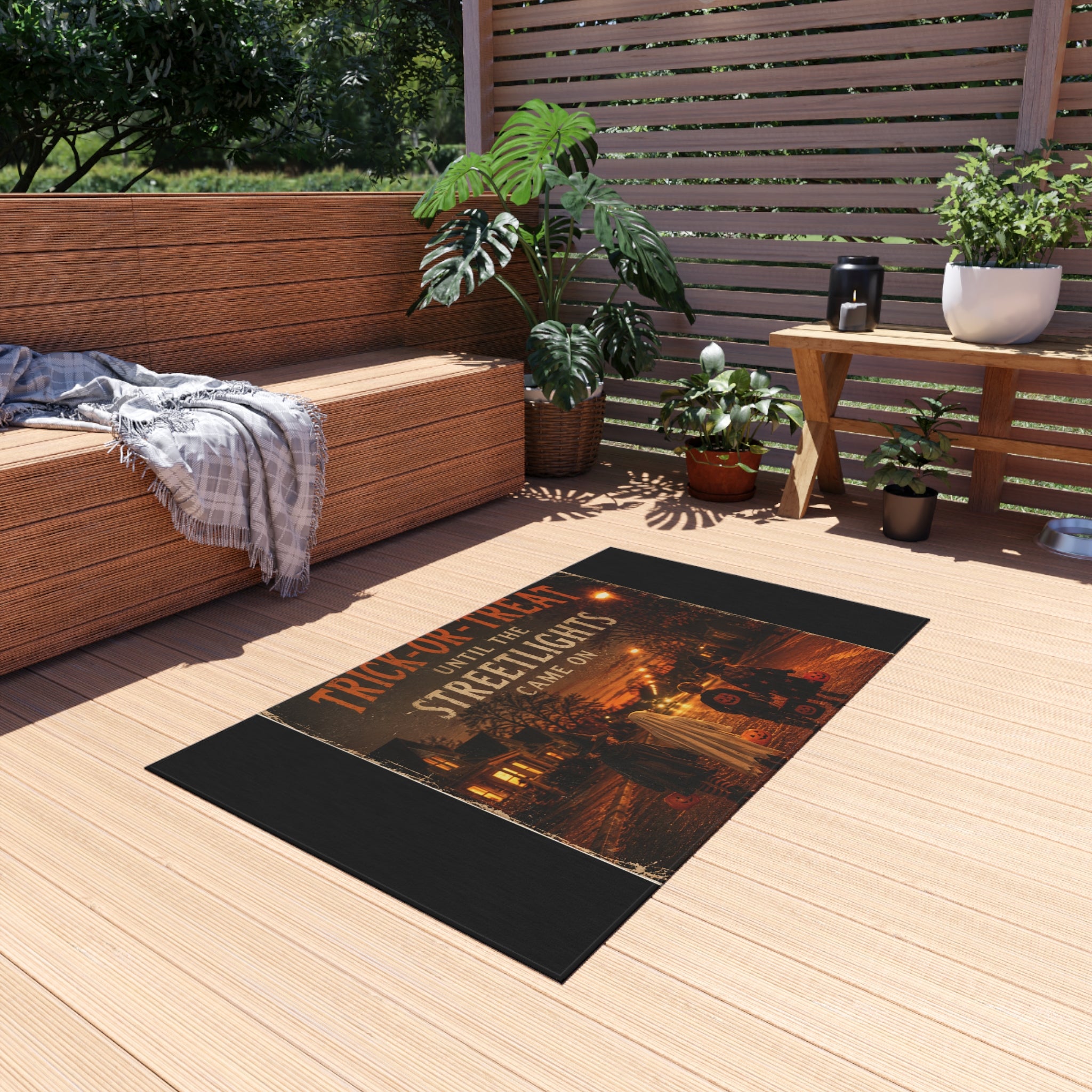 Outdoor Rug — "Trick-or-Treat Until the Streetlights Came On" Halloween Welcome Mat