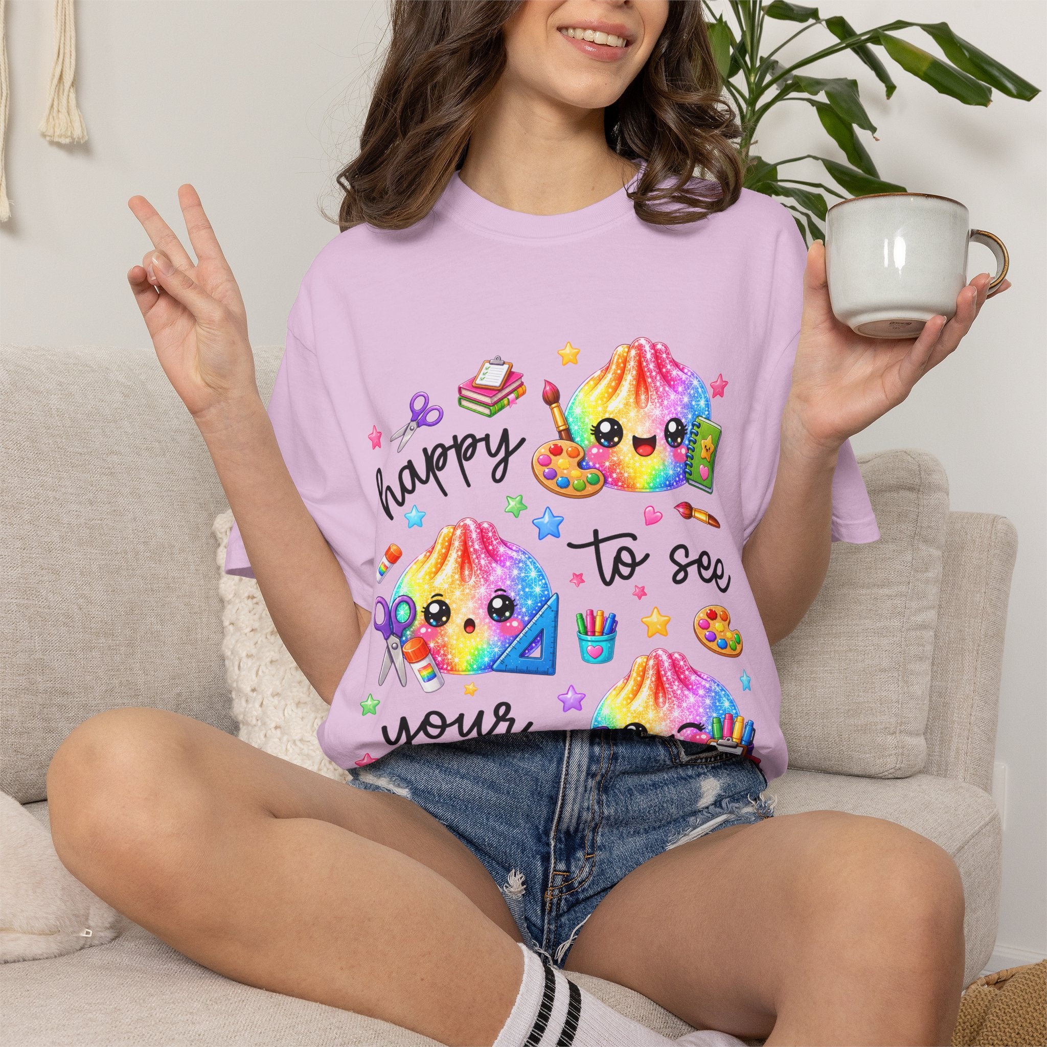 Happy To See Your Face Rainbow Kawaii T-Shirt — Cute School Supplies Graphic Tee