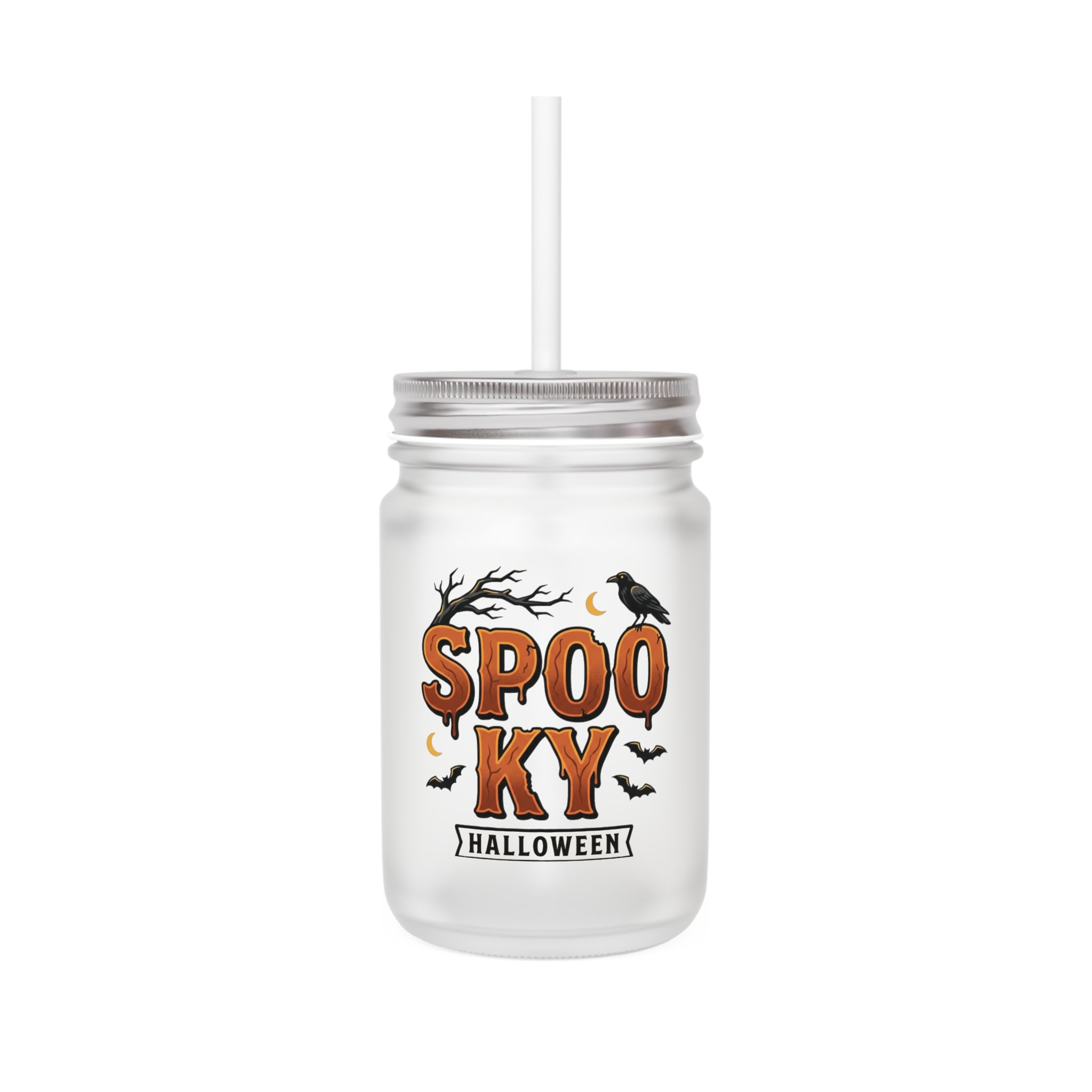 Halloween Mason Jar Tumbler - 'Spooky' Crow & Bats Drink Jar with Handle and Straw
