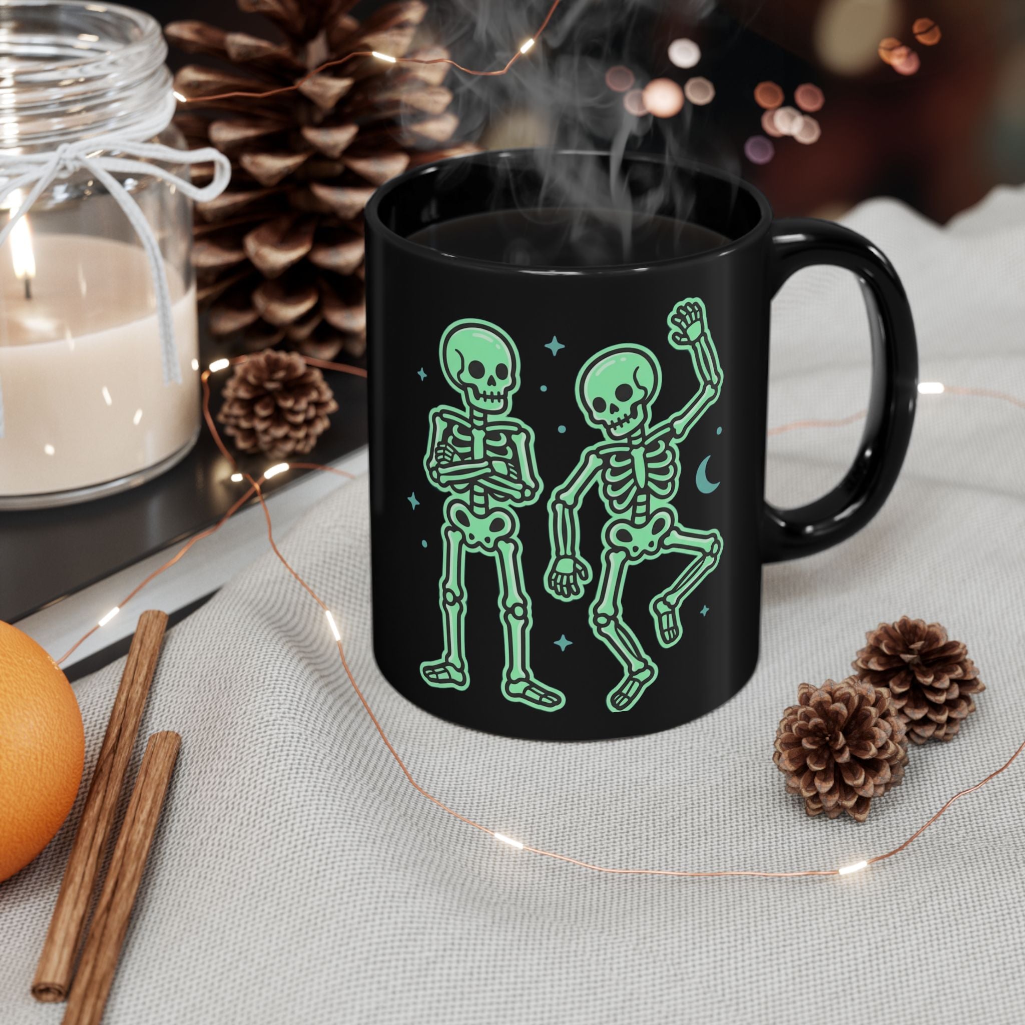 Glow Skeleton Dance Mug — Black Ceramic Coffee Cup (11oz/15oz)