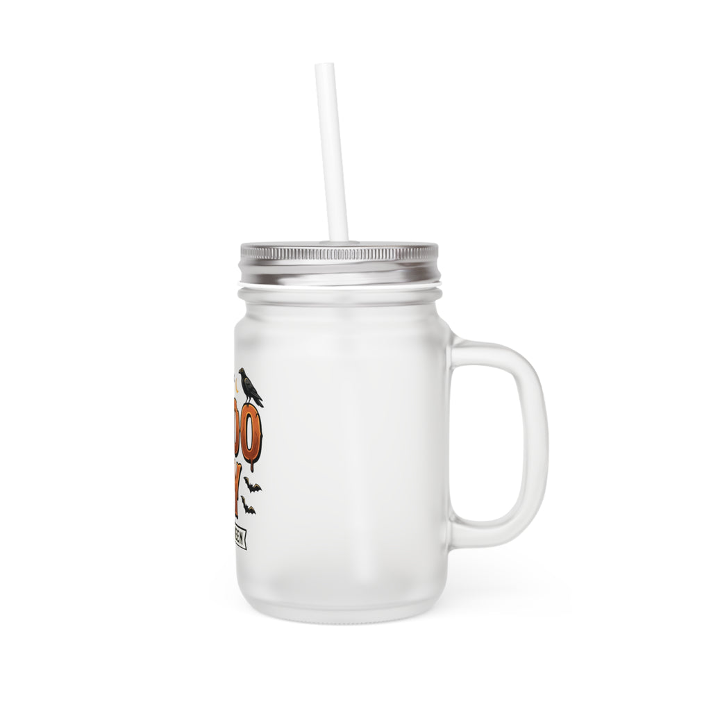 Halloween Mason Jar Tumbler - 'Spooky' Crow & Bats Drink Jar with Handle and Straw