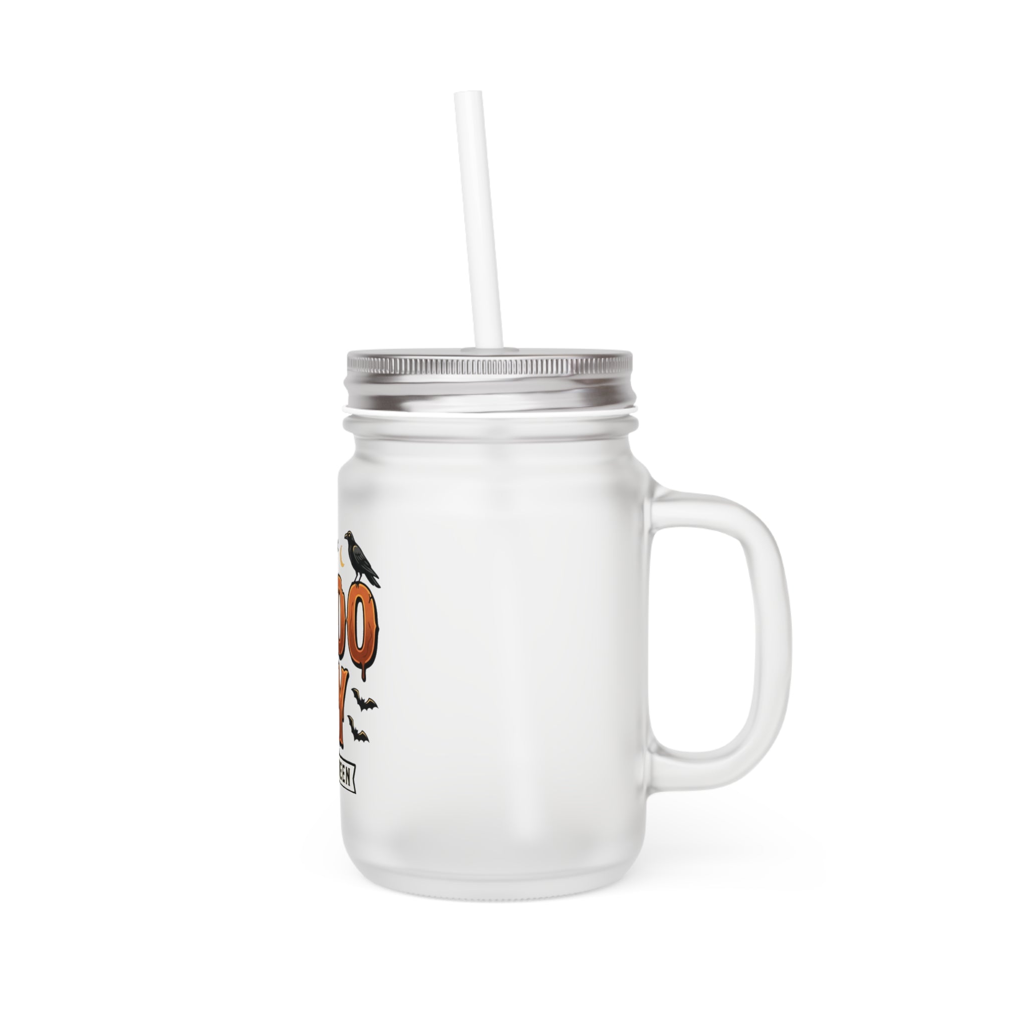 Halloween Mason Jar Tumbler - 'Spooky' Crow & Bats Drink Jar with Handle and Straw