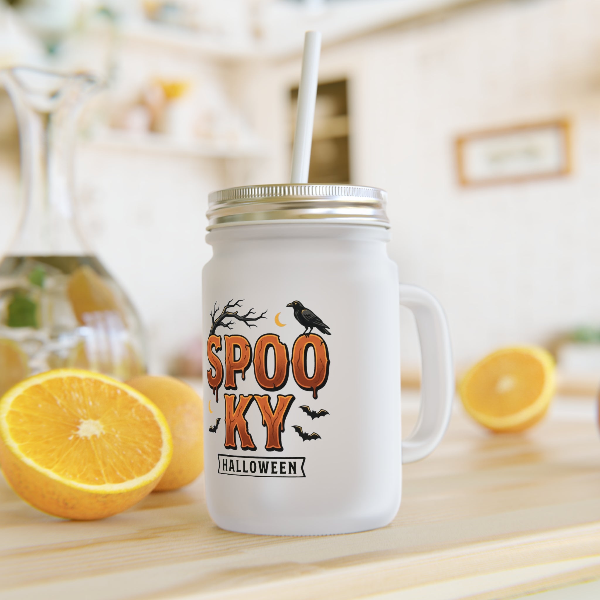 Halloween Mason Jar Tumbler - 'Spooky' Crow & Bats Drink Jar with Handle and Straw
