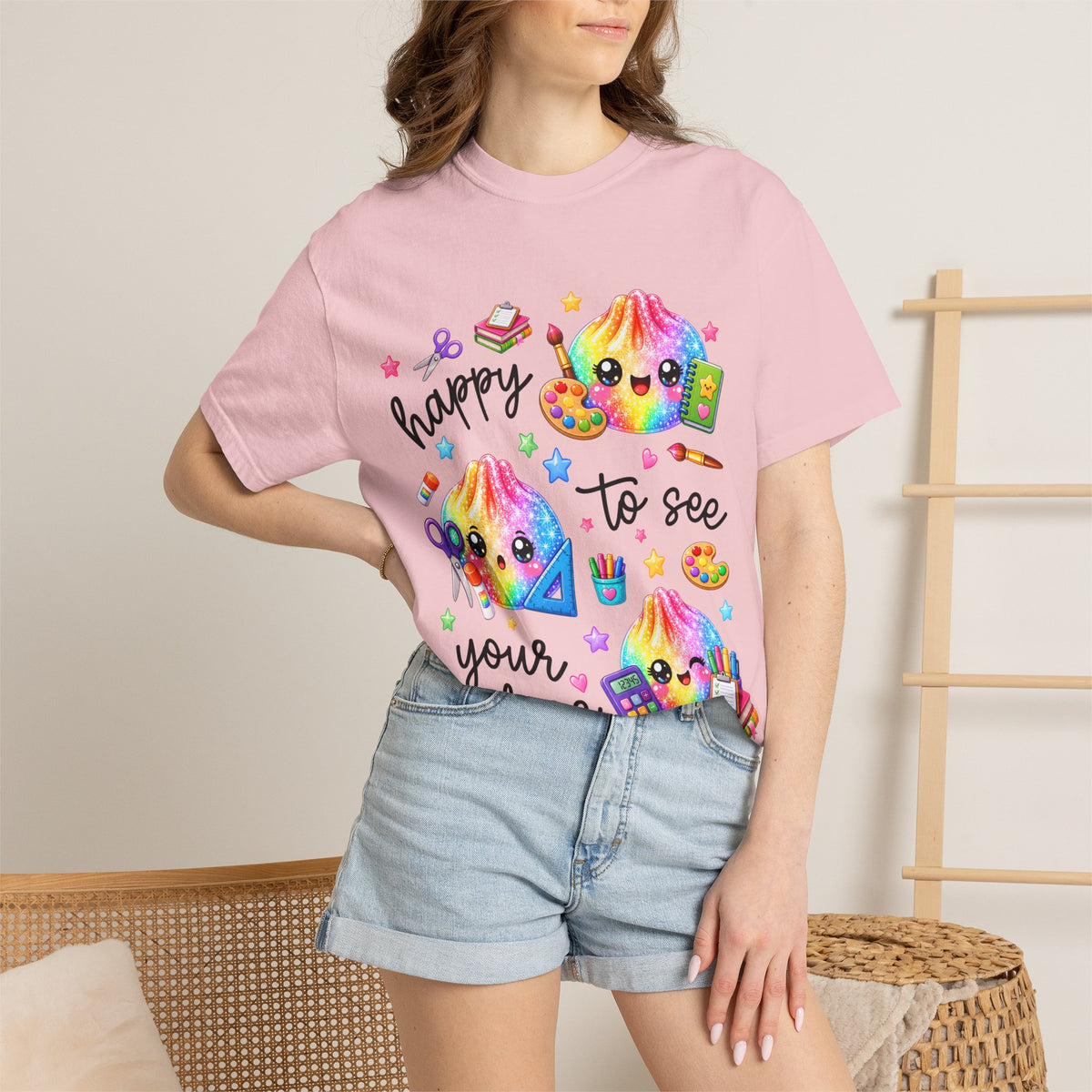 Happy To See Your Face Rainbow Kawaii T-Shirt — Cute School Supplies Graphic Tee