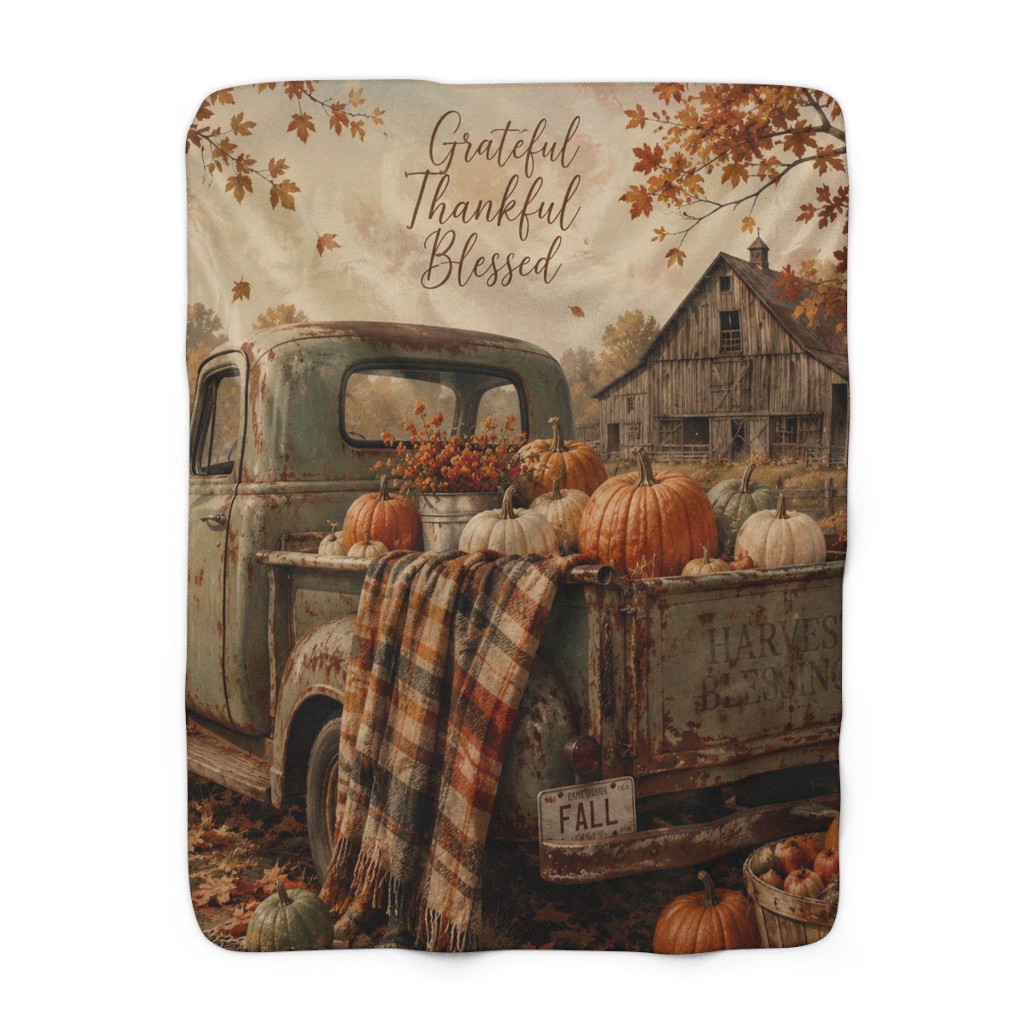 Grateful Thankful Blessed Fall Sherpa Blanket — Rustic Pumpkin Farm Truck Throw