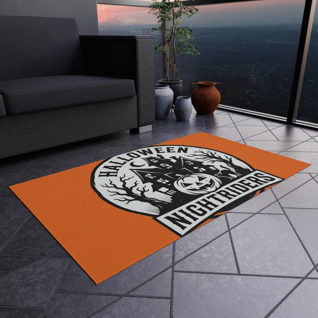 Outdoor Rug — Halloween Nightriders Porch Mat with Haunted House Pumpkin Design