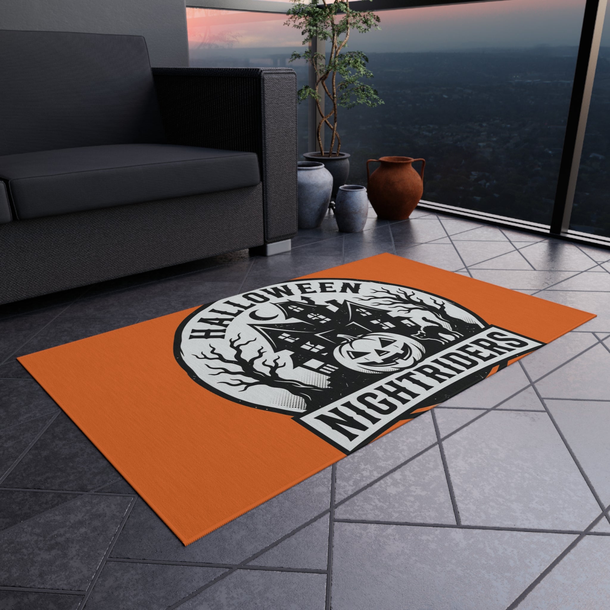 Outdoor Rug — Halloween Nightriders Porch Mat with Haunted House Pumpkin Design