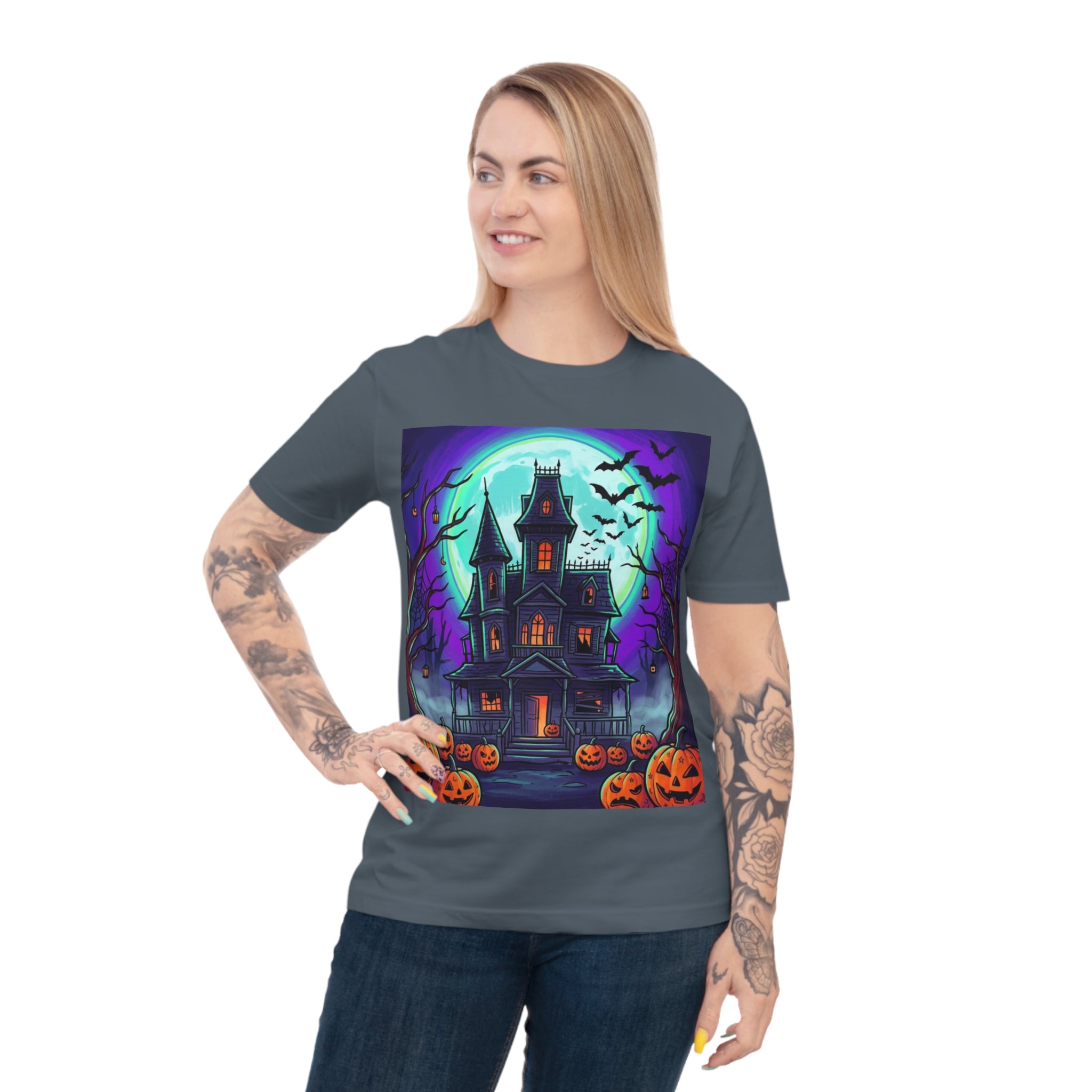 Haunted House Halloween T-Shirt — Spooky Pumpkin & Bats Tee