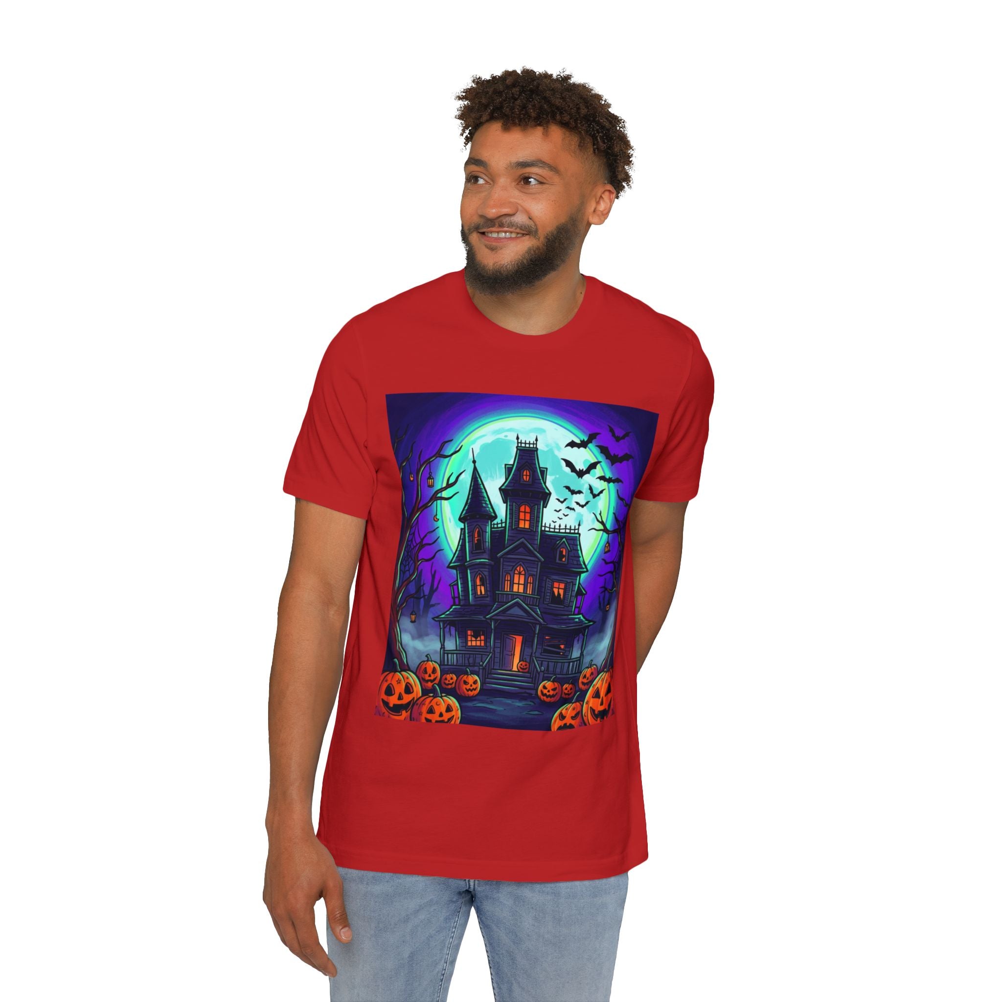 Haunted House Halloween T-Shirt — Spooky Pumpkins & Bats Graphic