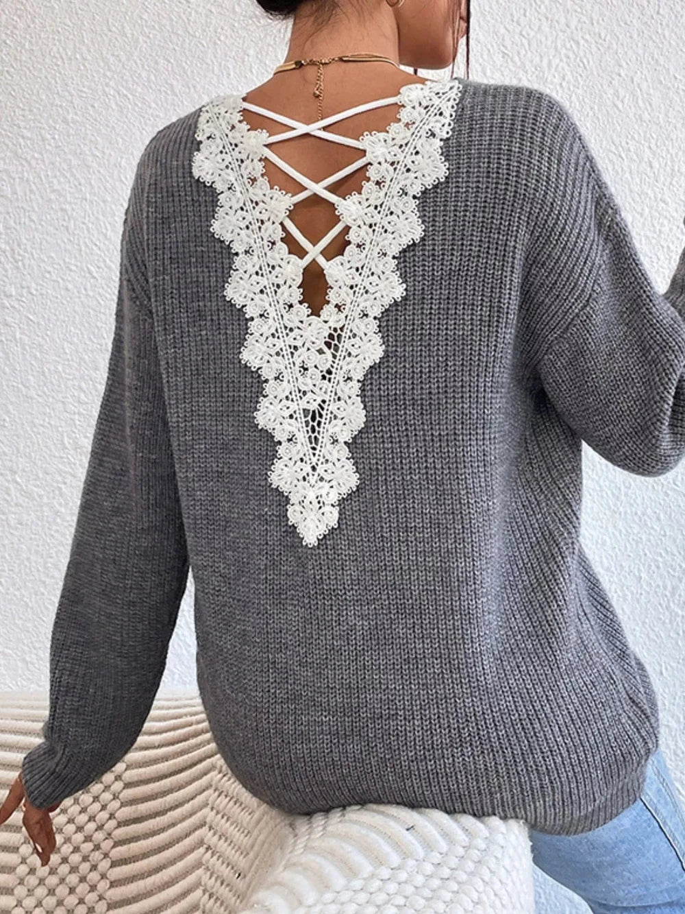 Lace Trimmed Back V Neck Sweater