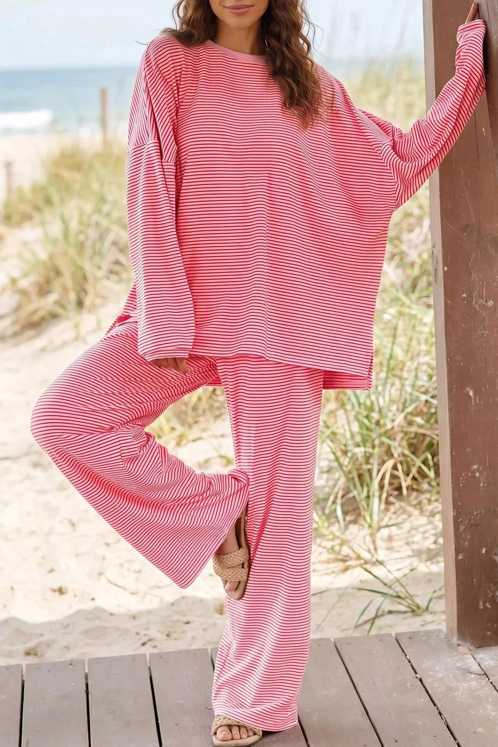 Striped Drop Shoulder Lounge Set