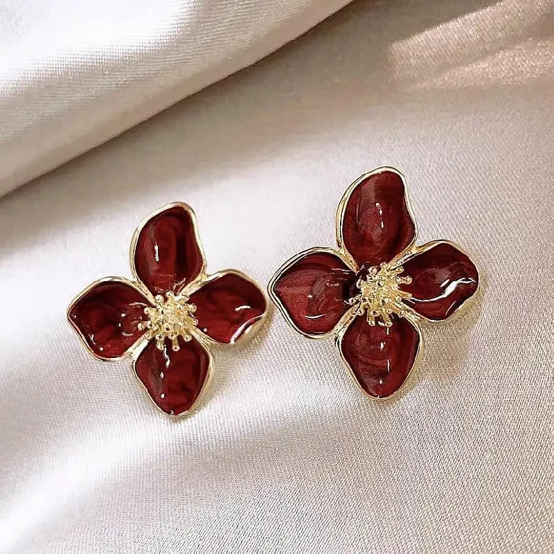 Retro Drip Glaze Red Flower Stud Earrings