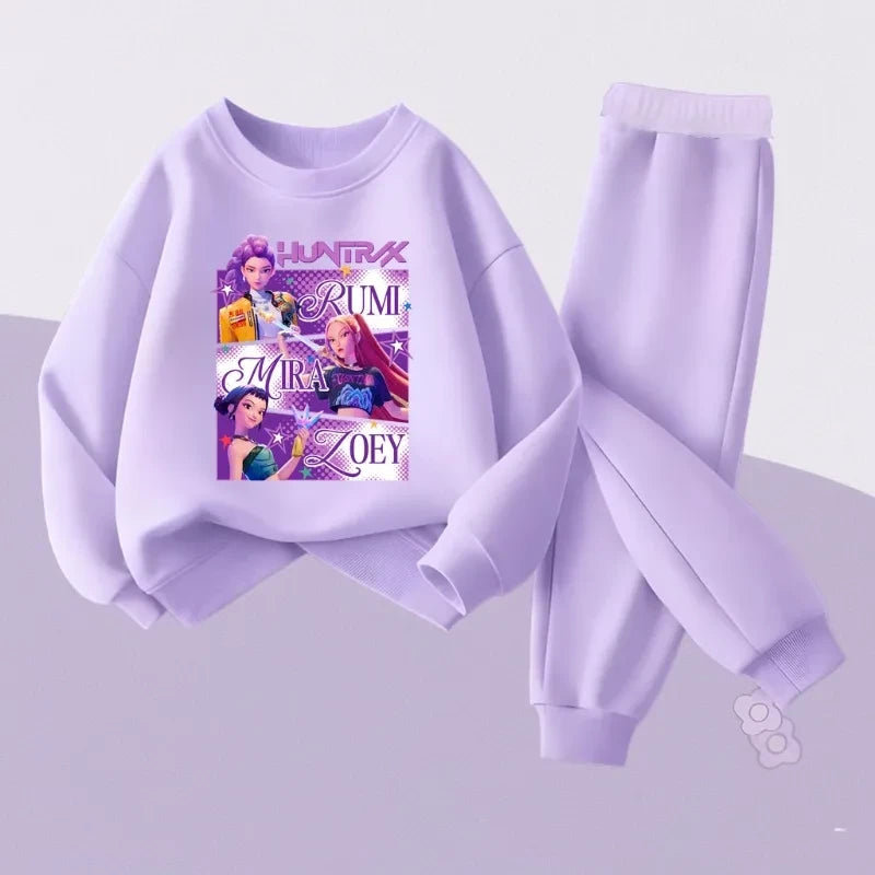 Girls Cartoon Pullover Sweatshirt and Sweatpants Set