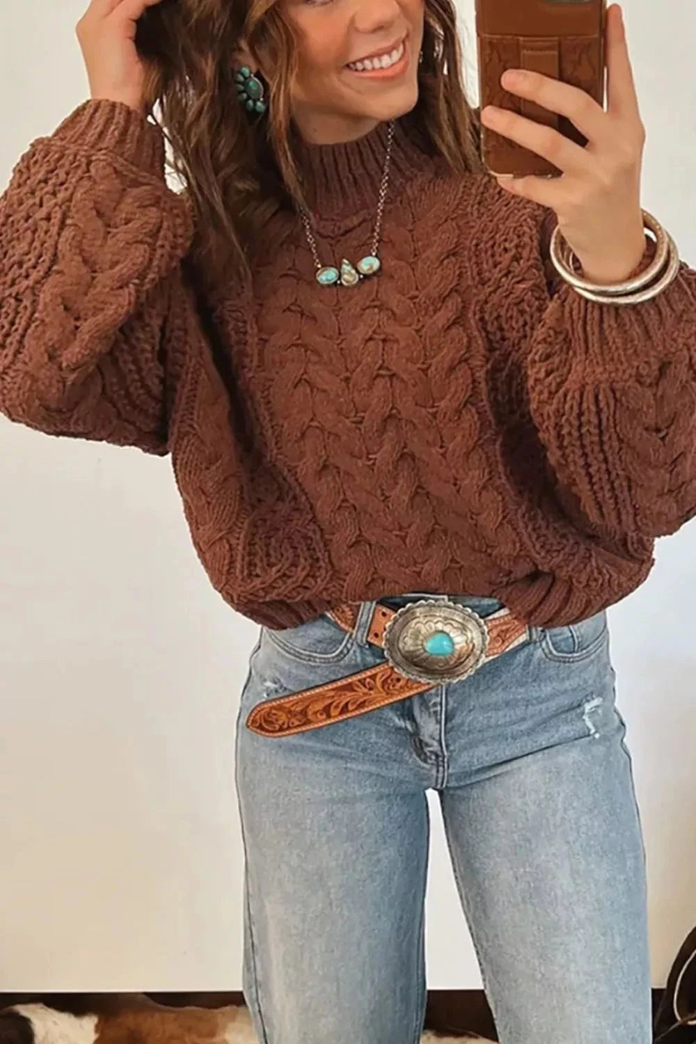 Mock Neck Cable Knit Sweater