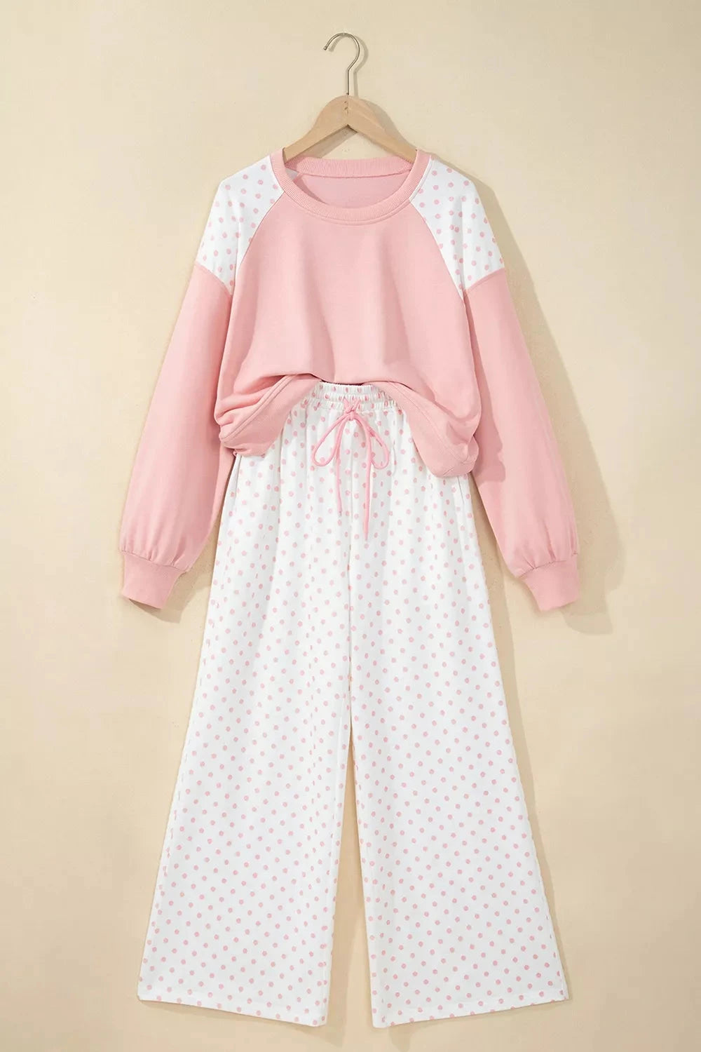 Polka Dot Cropped Sweatshirt and Wide-Leg Pants Set