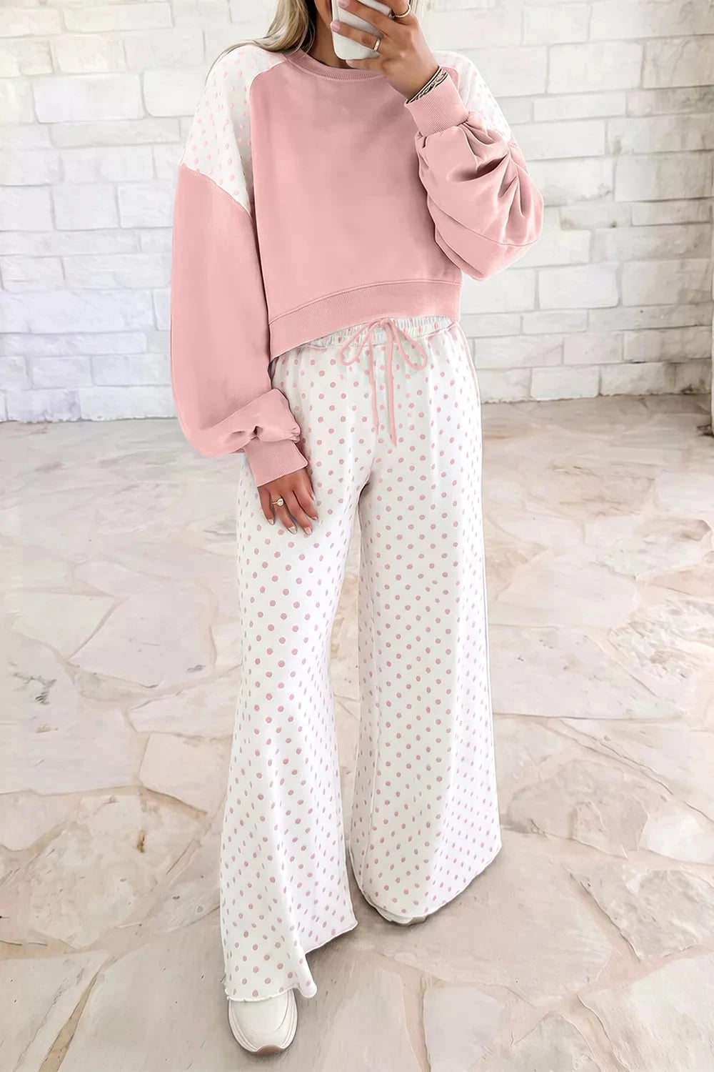 Polka Dot Cropped Sweatshirt and Wide-Leg Pants Set