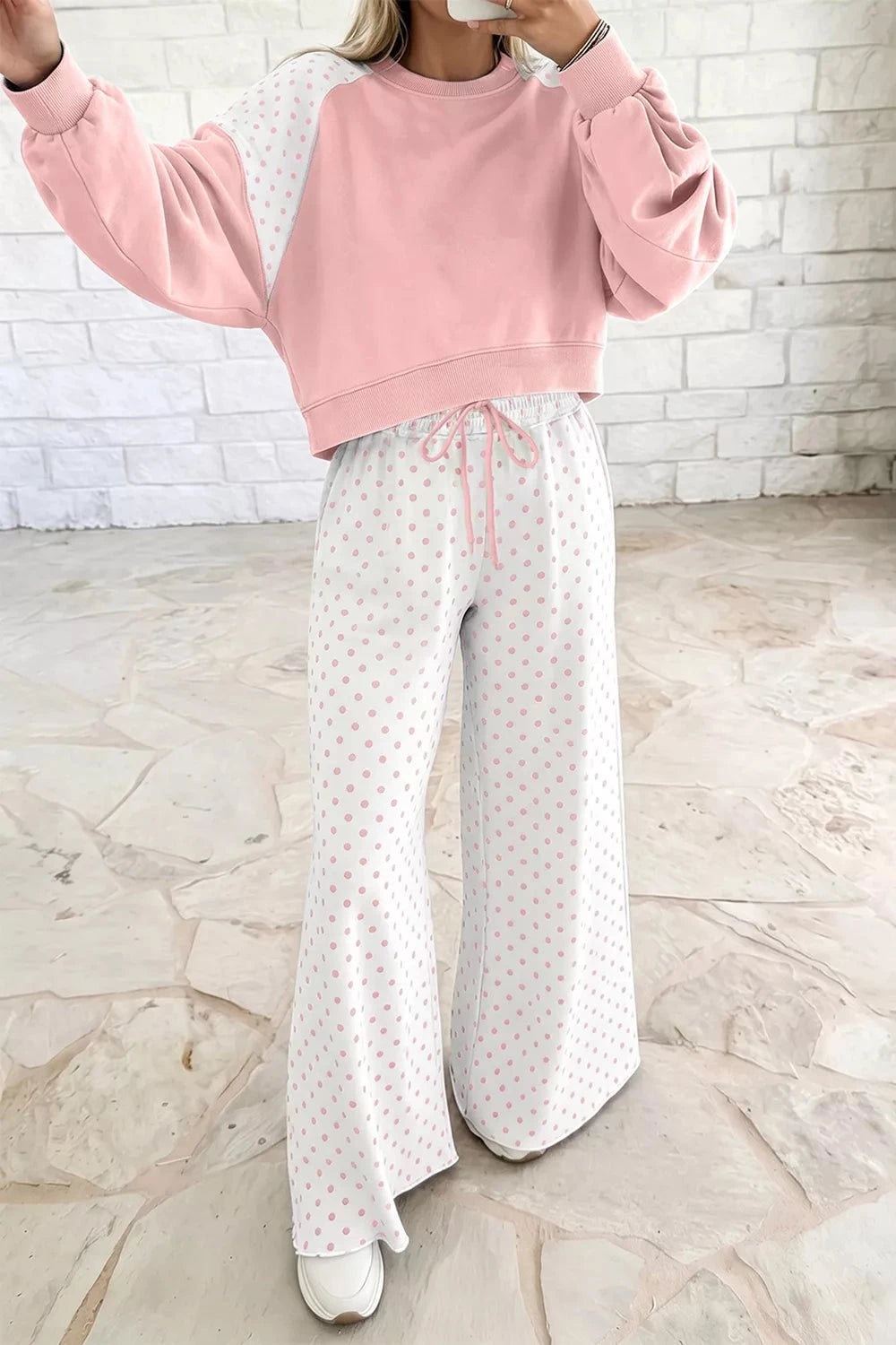 Polka Dot Cropped Sweatshirt and Wide-Leg Pants Set