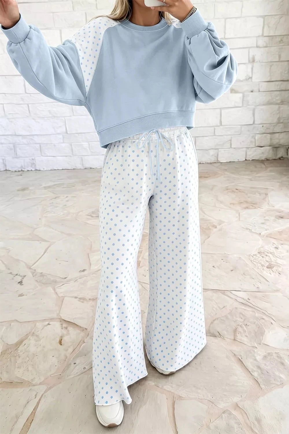 Polka Dot Cropped Sweatshirt and Wide-Leg Pants Set