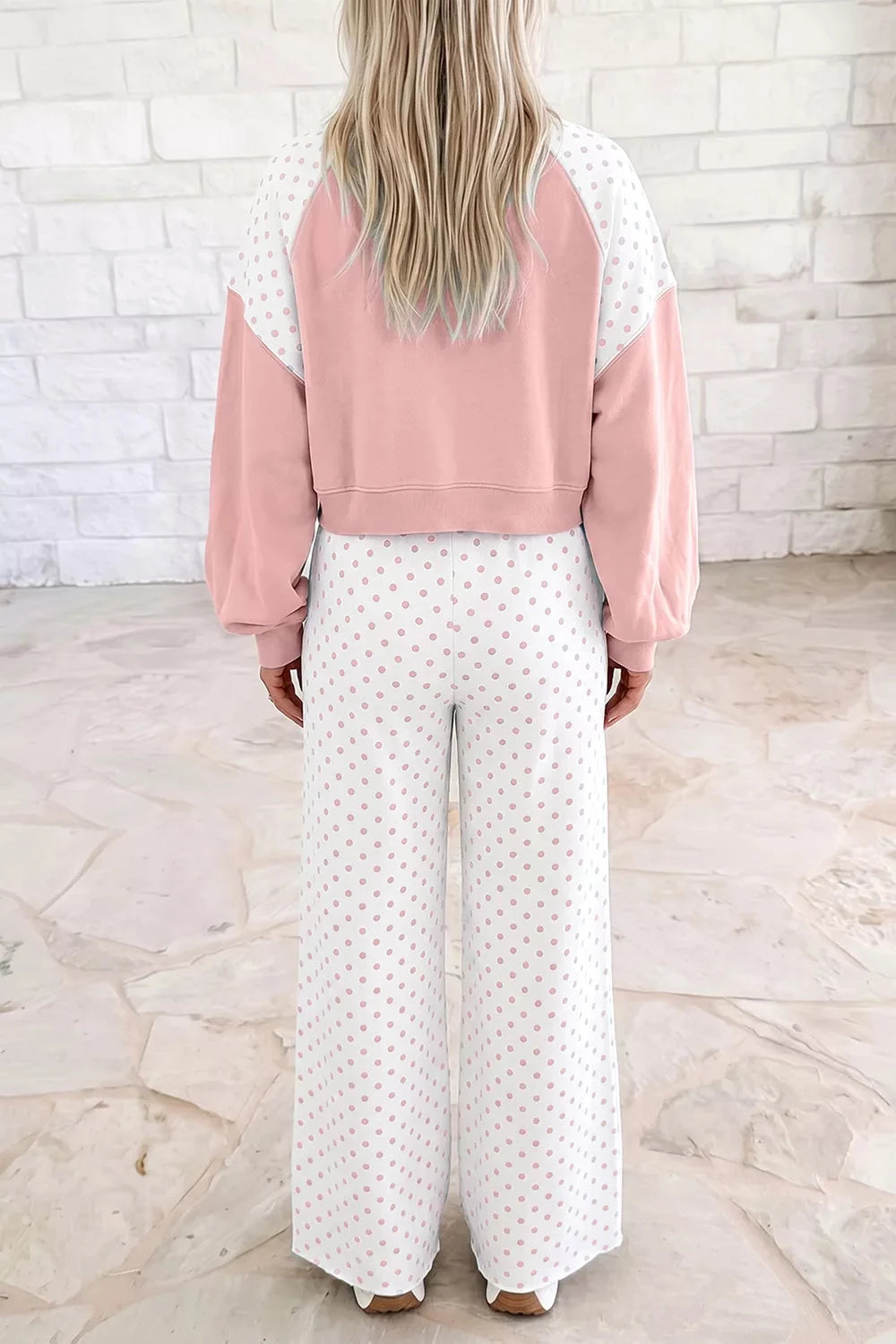 Polka Dot Cropped Sweatshirt and Wide-Leg Pants Set