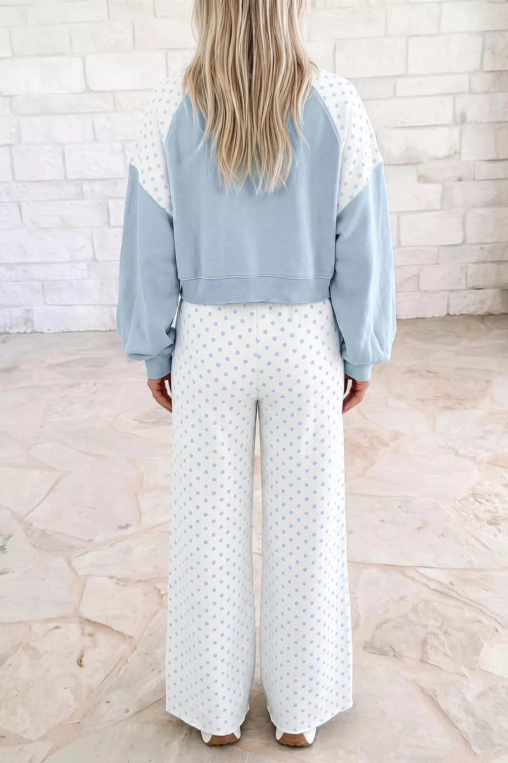 Polka Dot Cropped Sweatshirt and Wide-Leg Pants Set
