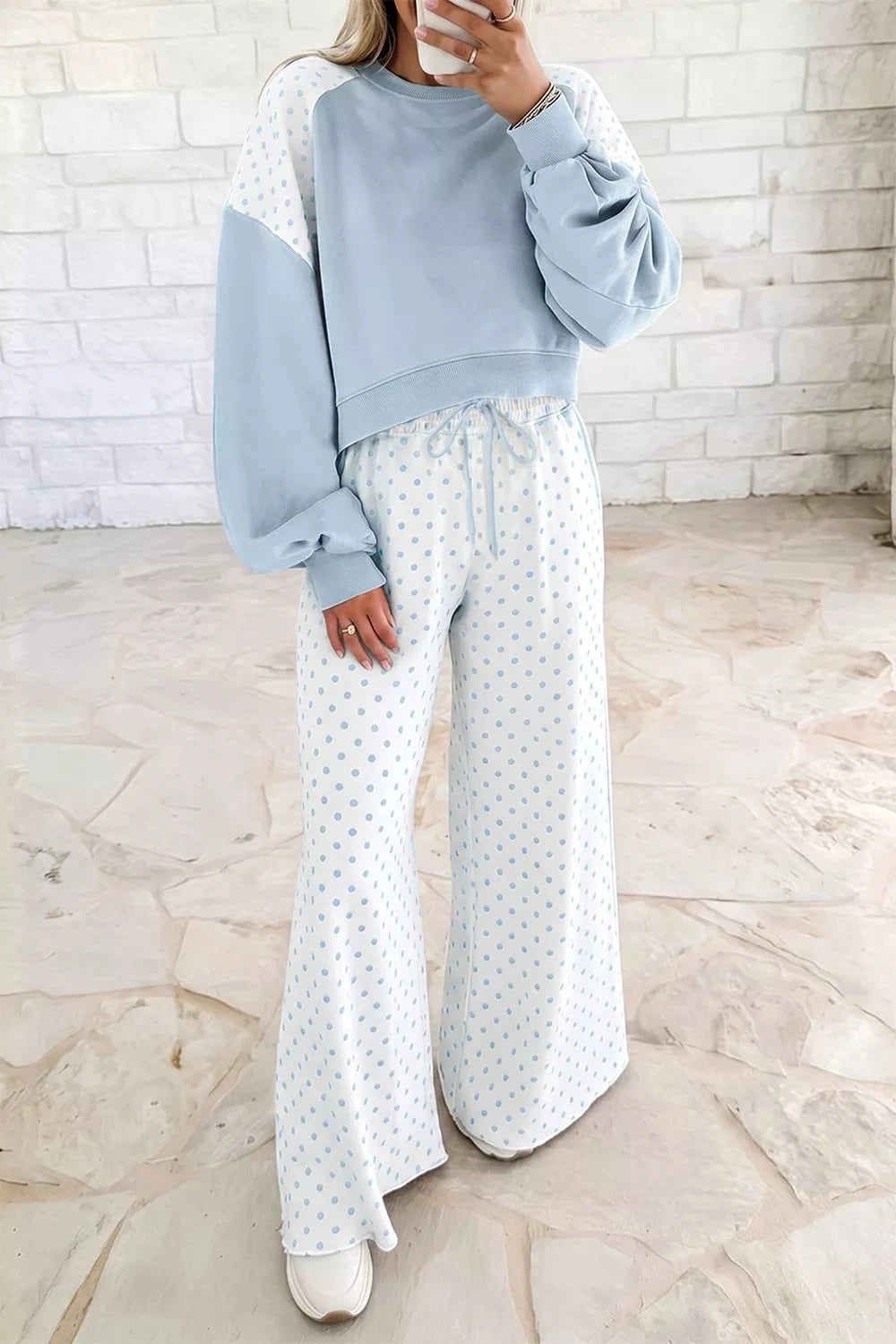 Polka Dot Cropped Sweatshirt and Wide-Leg Pants Set