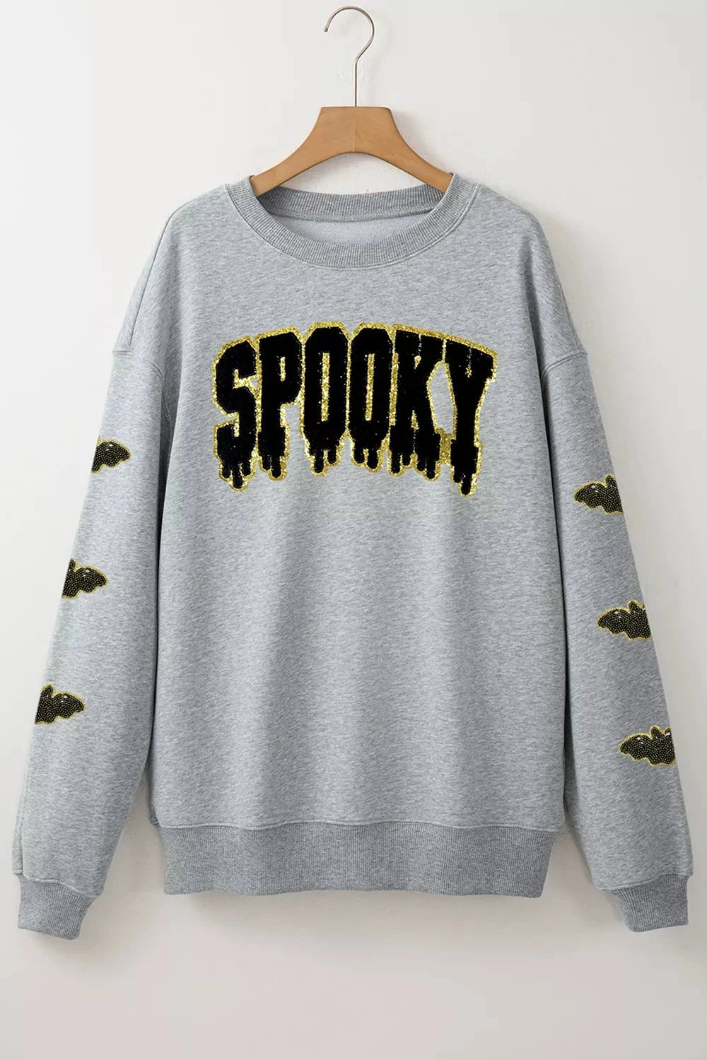 Sequin SPOOKY Halloween Bat Embellished Sleeve Pullover Sweatshirt