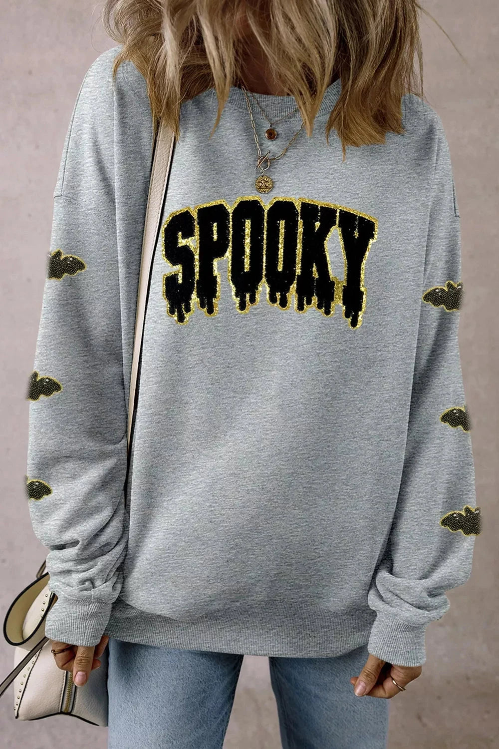 Sequin SPOOKY Halloween Bat Embellished Sleeve Pullover Sweatshirt