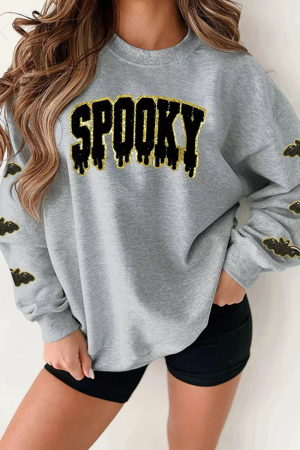 Sequin SPOOKY Halloween Bat Embellished Sleeve Pullover Sweatshirt