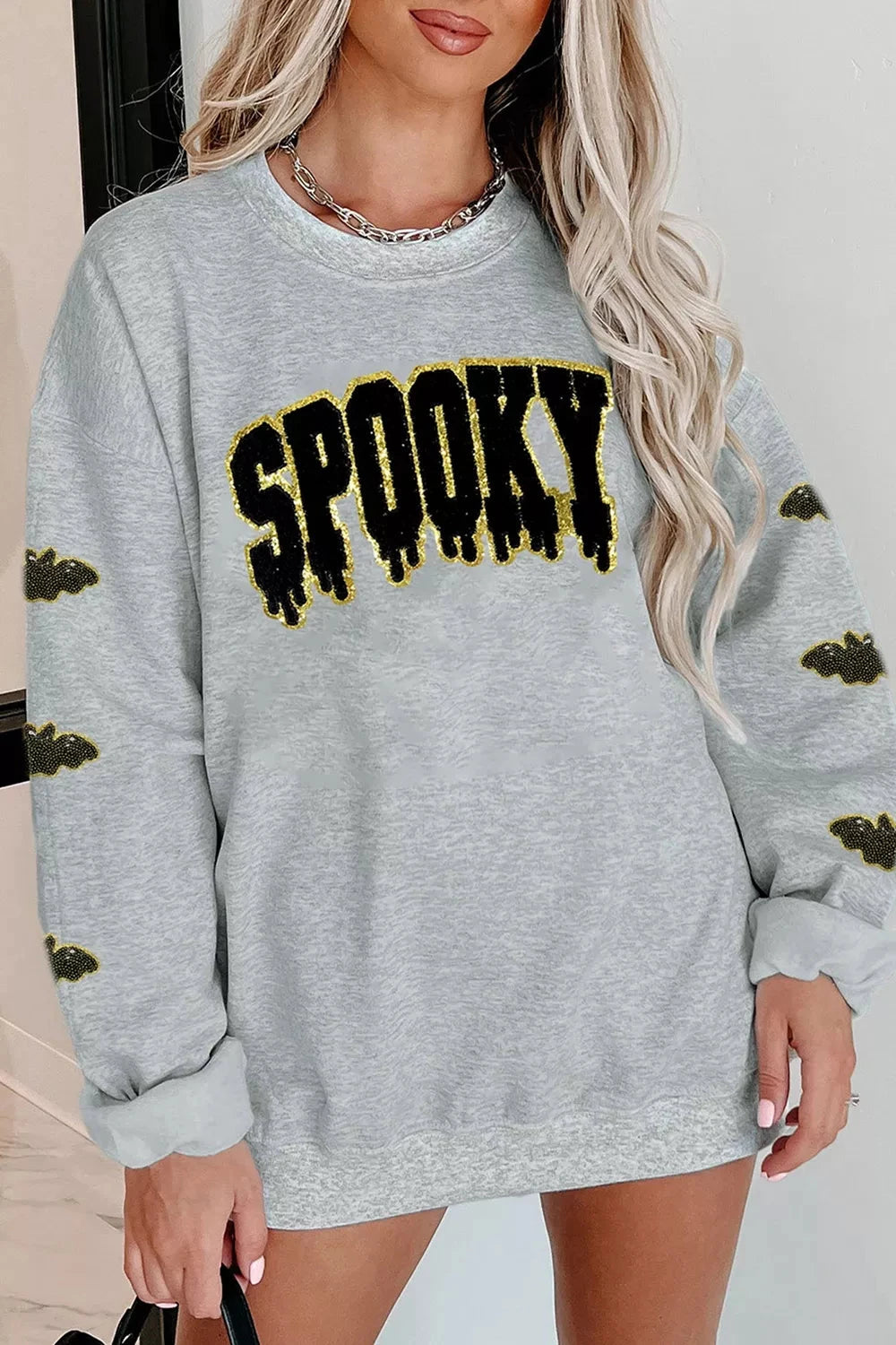 Sequin SPOOKY Halloween Bat Embellished Sleeve Pullover Sweatshirt