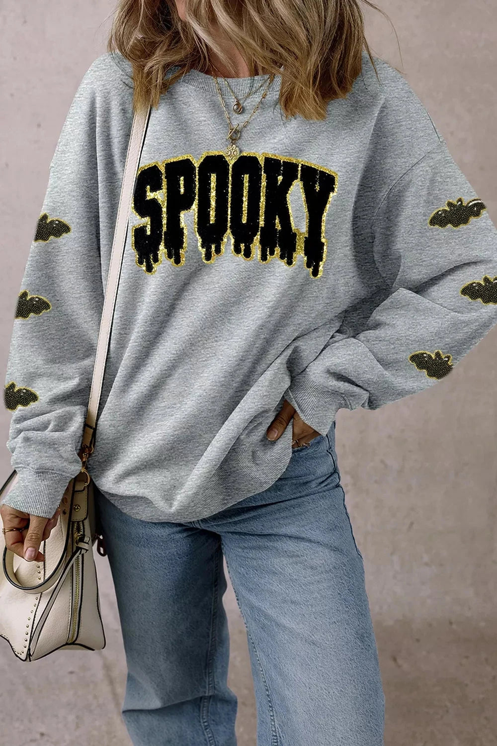 Sequin SPOOKY Halloween Bat Embellished Sleeve Pullover Sweatshirt