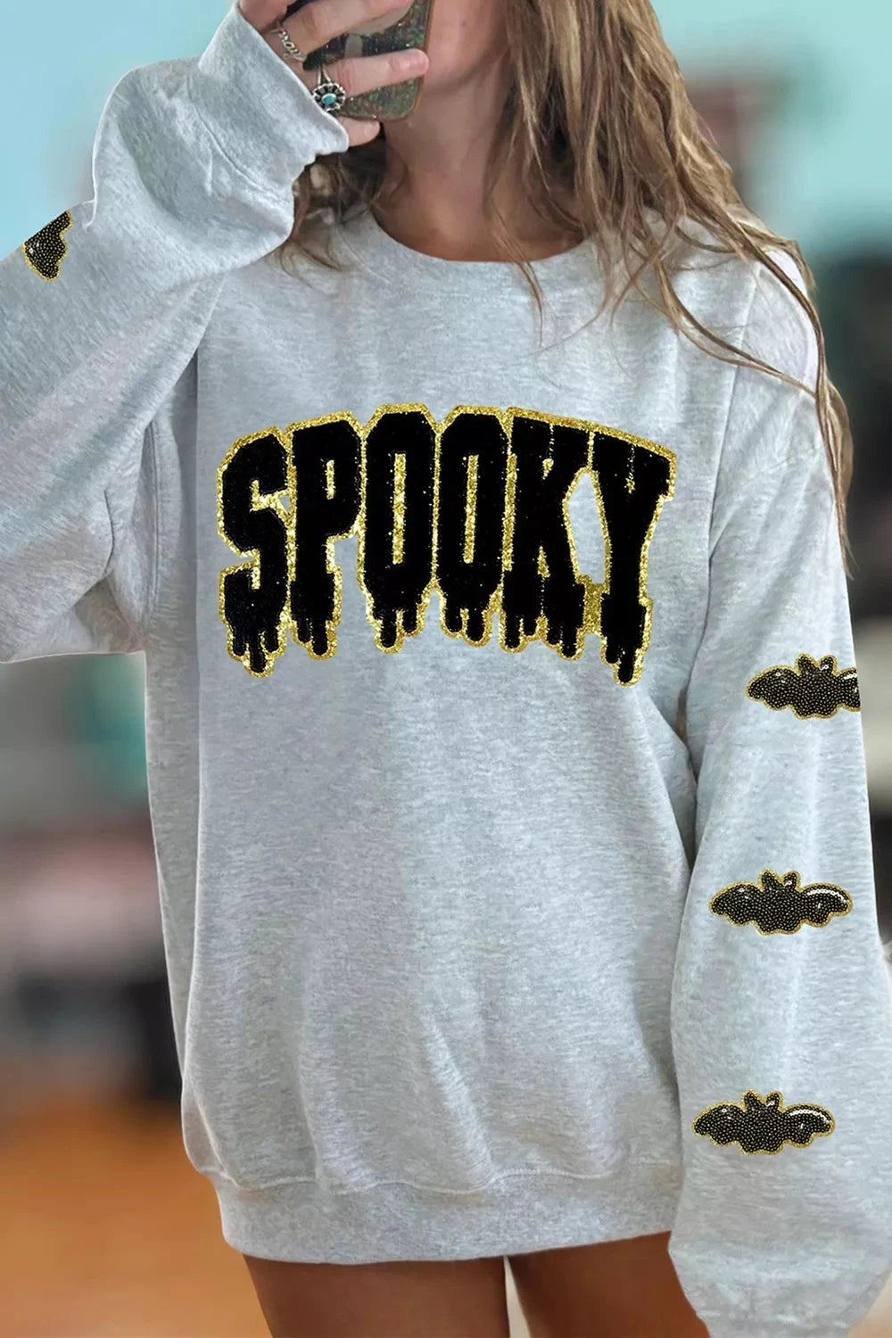 Sequin SPOOKY Halloween Bat Embellished Sleeve Pullover Sweatshirt