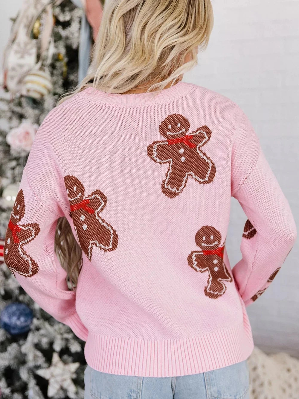 Gingerbread Pattern Round Neck Long Sleeve Shift Sweater