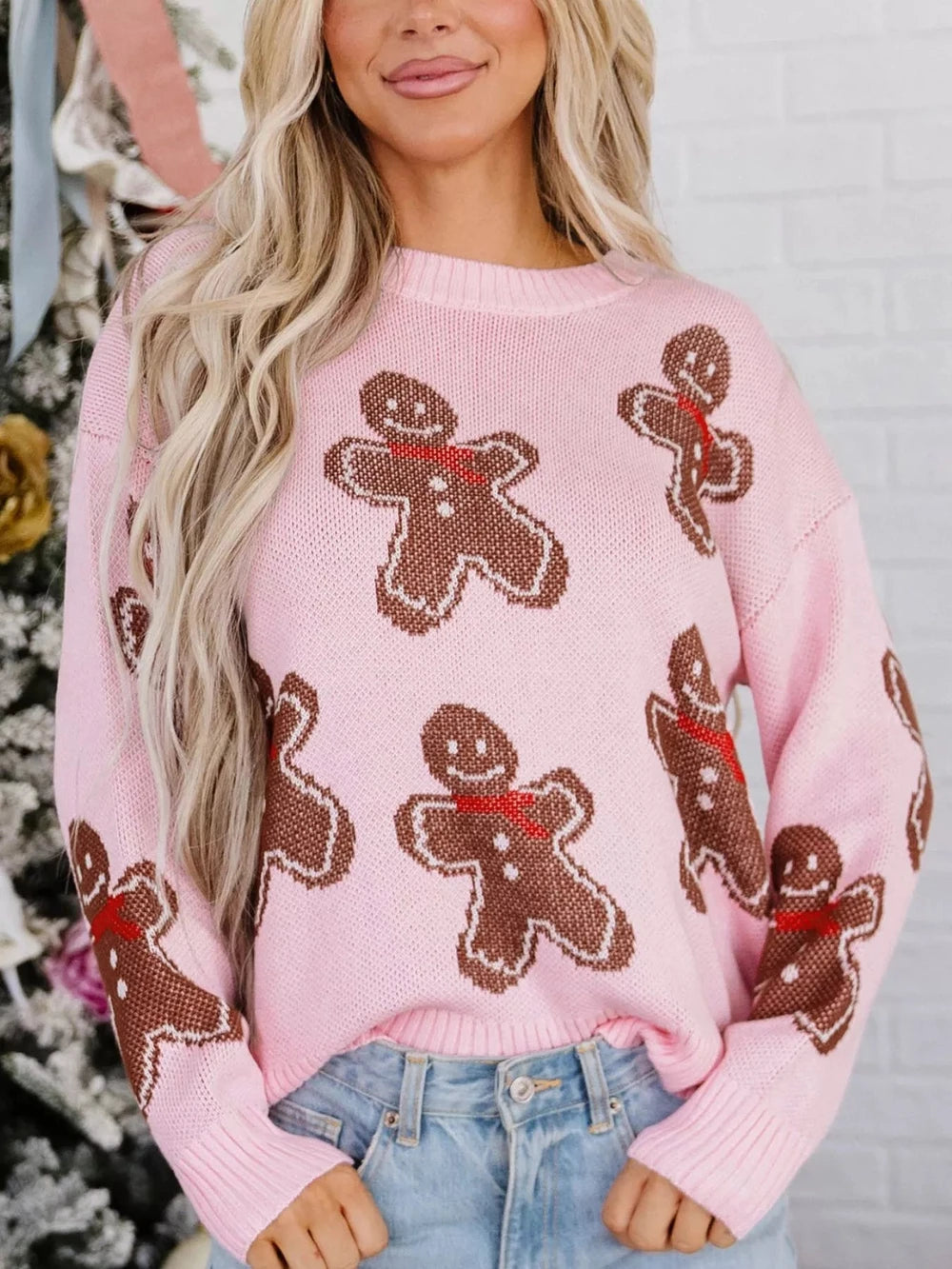 Gingerbread Pattern Round Neck Long Sleeve Shift Sweater