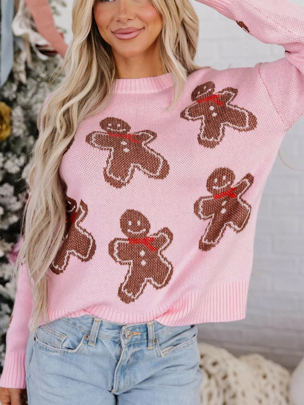 Gingerbread Pattern Round Neck Long Sleeve Shift Sweater
