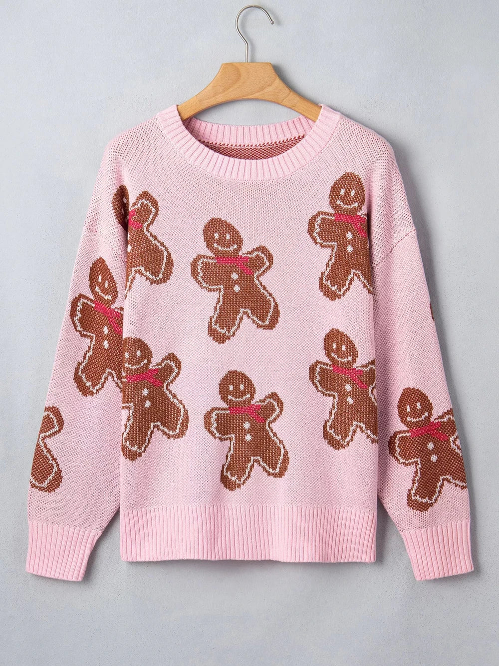 Gingerbread Pattern Round Neck Long Sleeve Shift Sweater